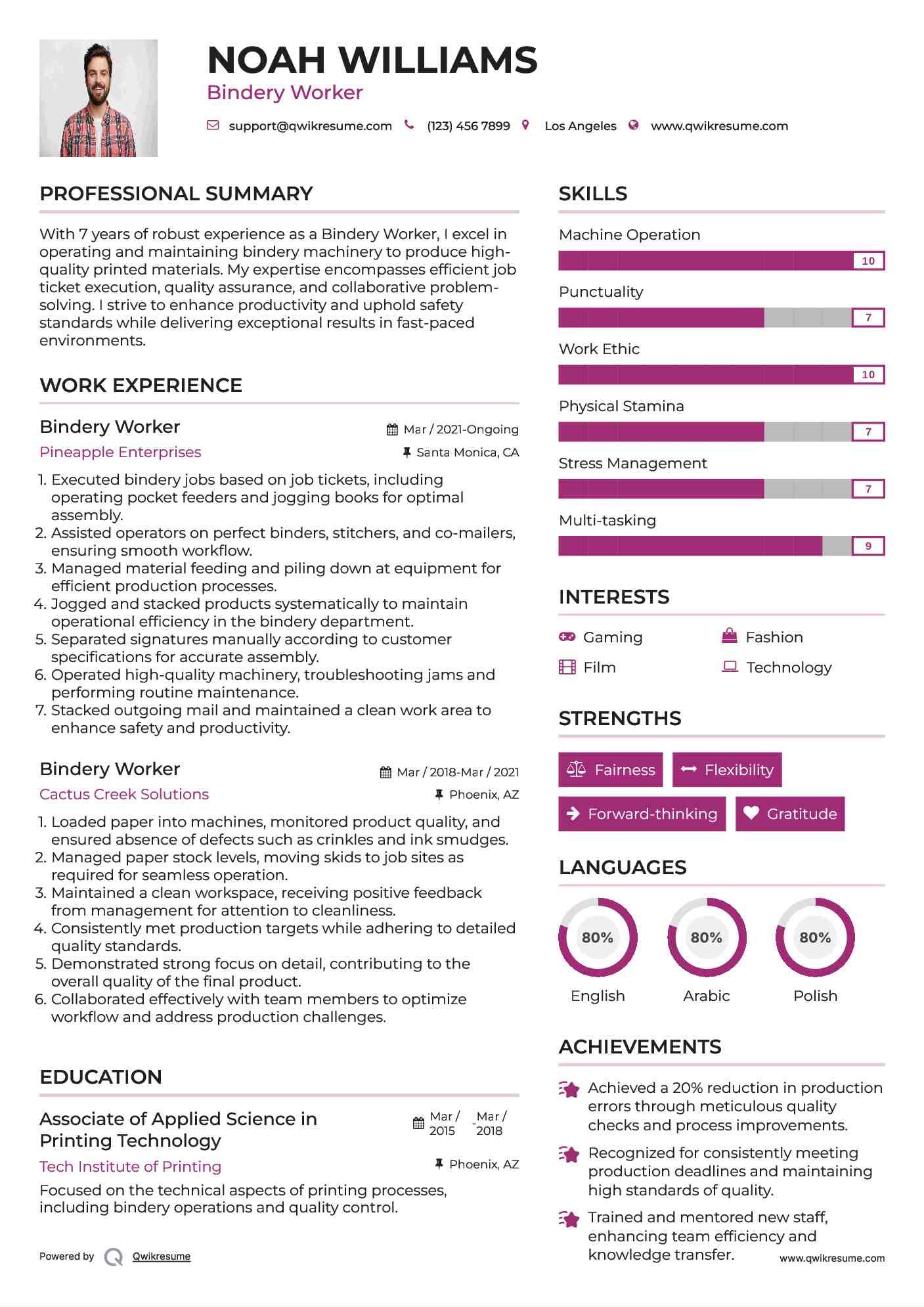 Bindery Worker Resume Template