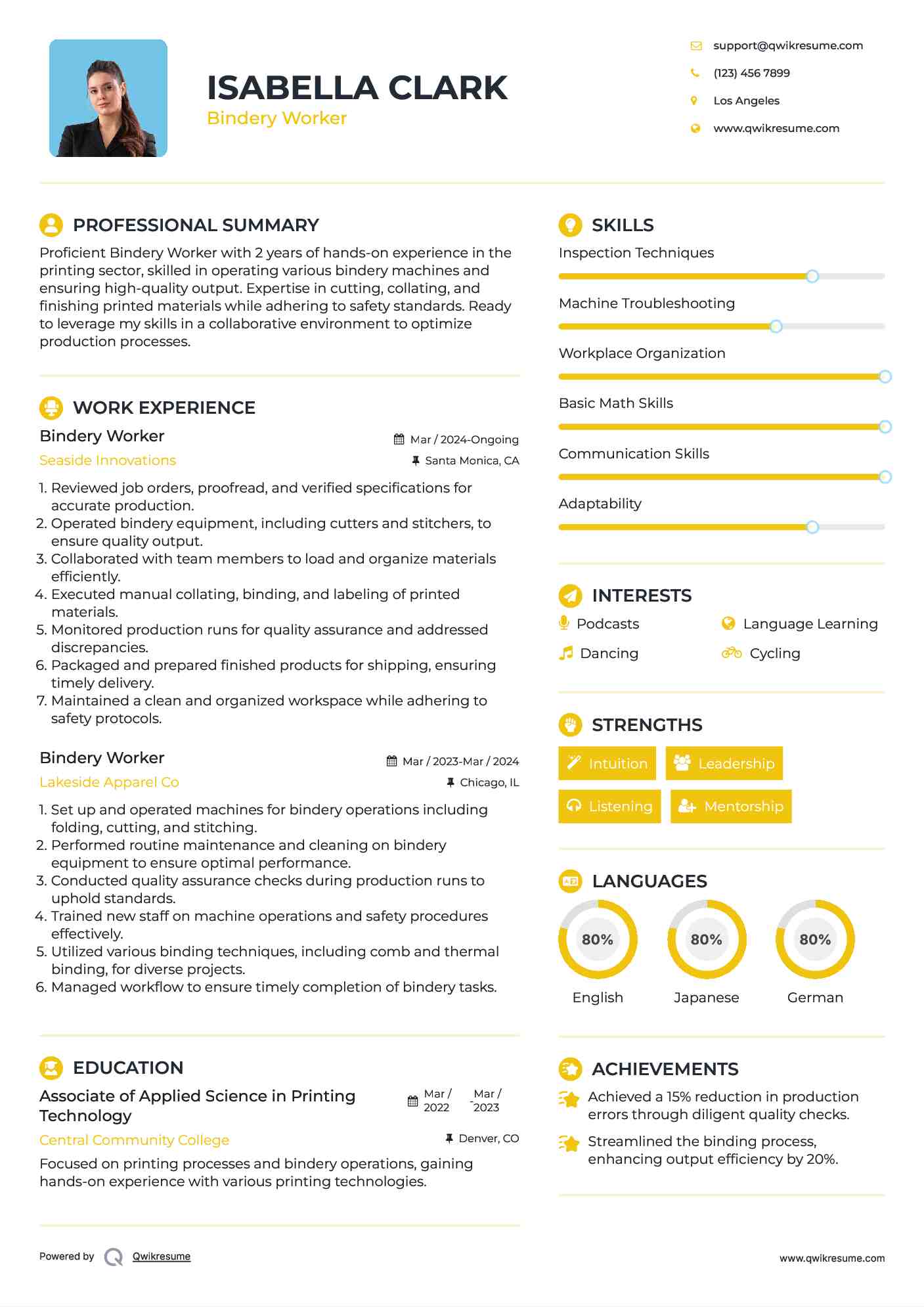 Bindery Worker Resume Example