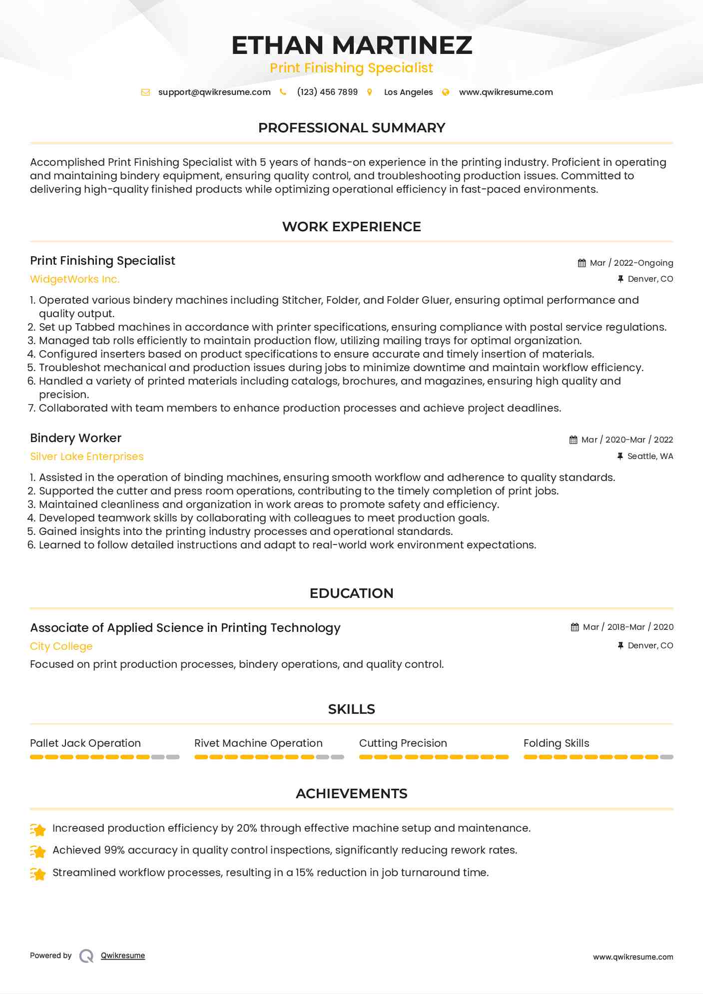 Print Finishing Specialist Resume Sample