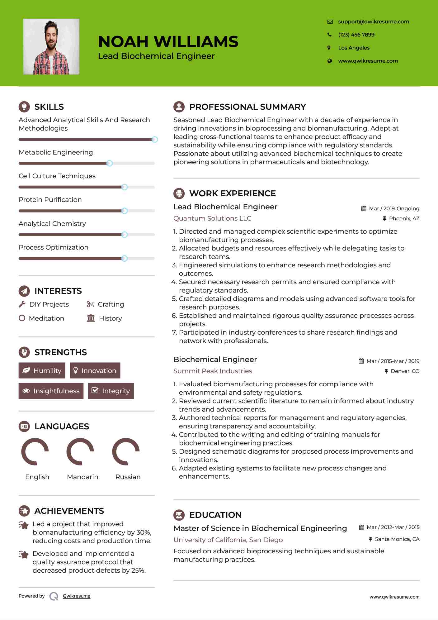 Lead Biochemical Engineer Resume Model