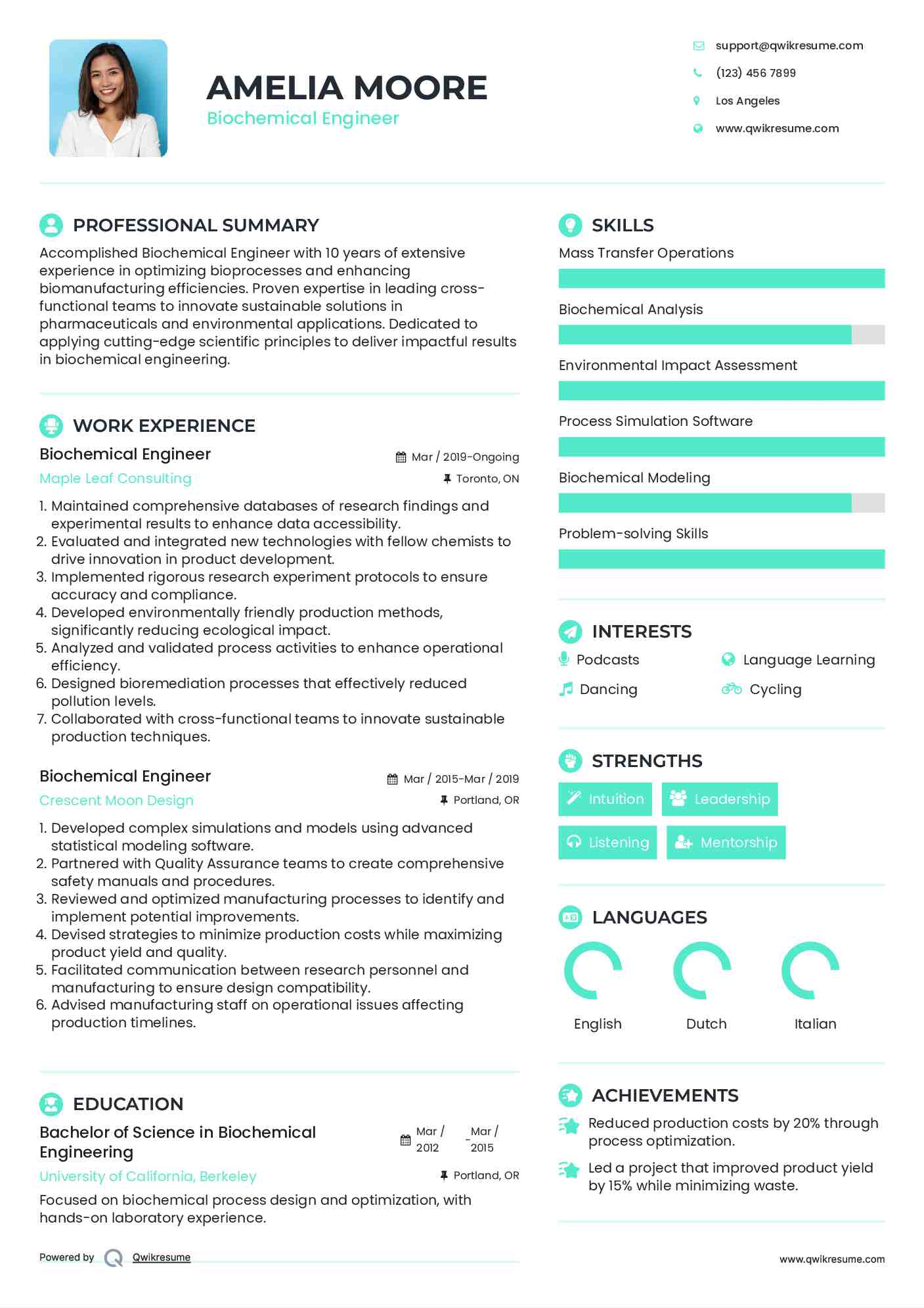 Biochemical Engineer Resume Sample