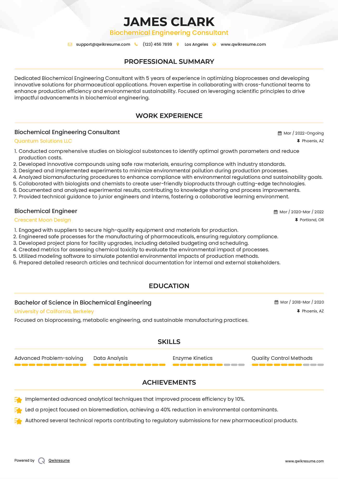 Biochemical Engineering Consultant Resume Template
