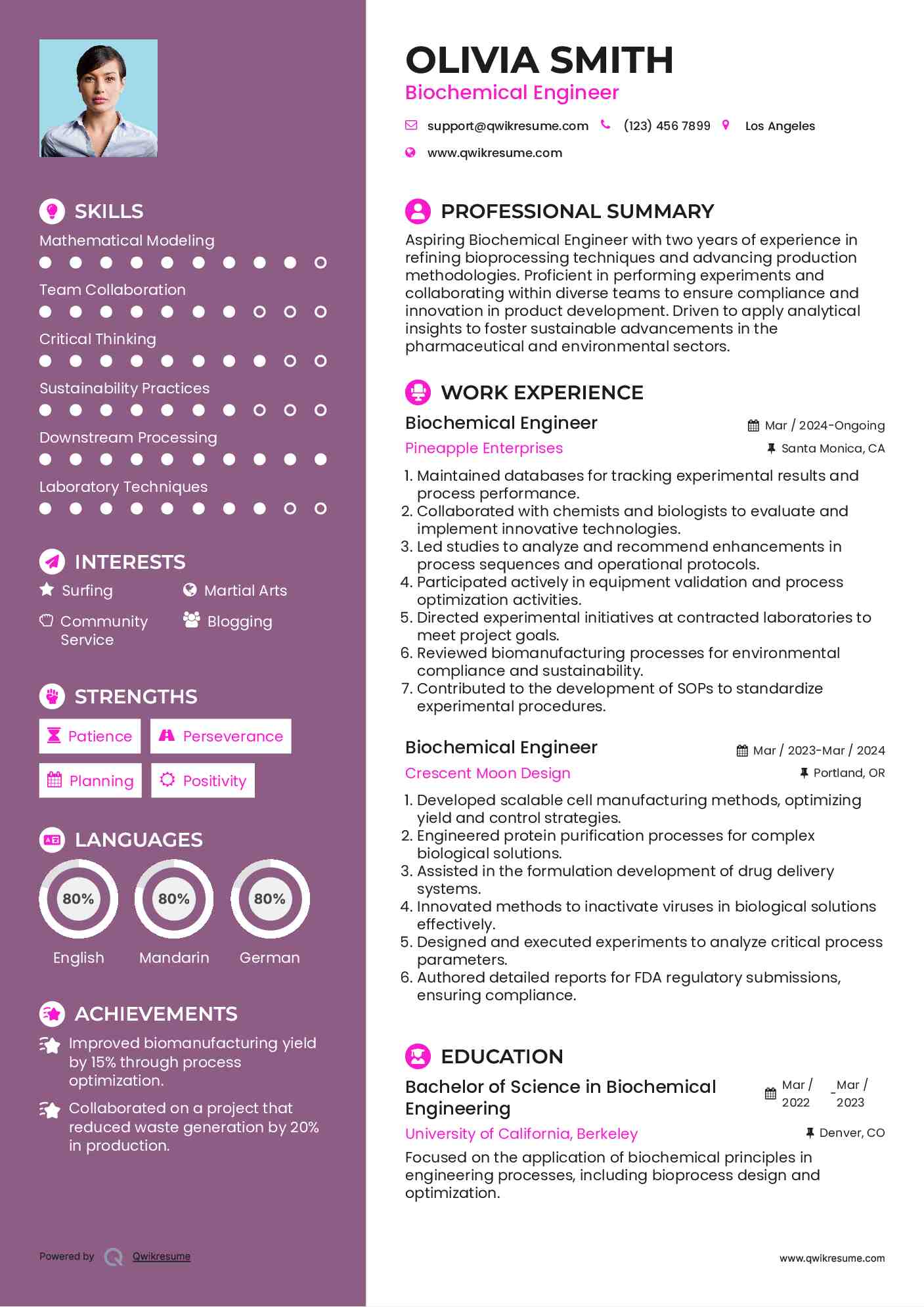 Biochemical Engineer Resume Sample