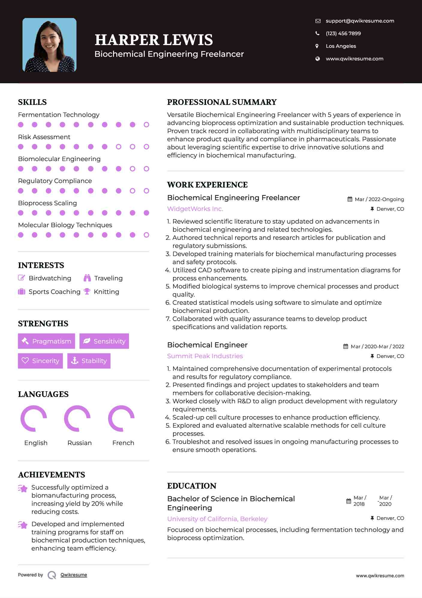 Biochemical Engineering Freelancer Resume Model