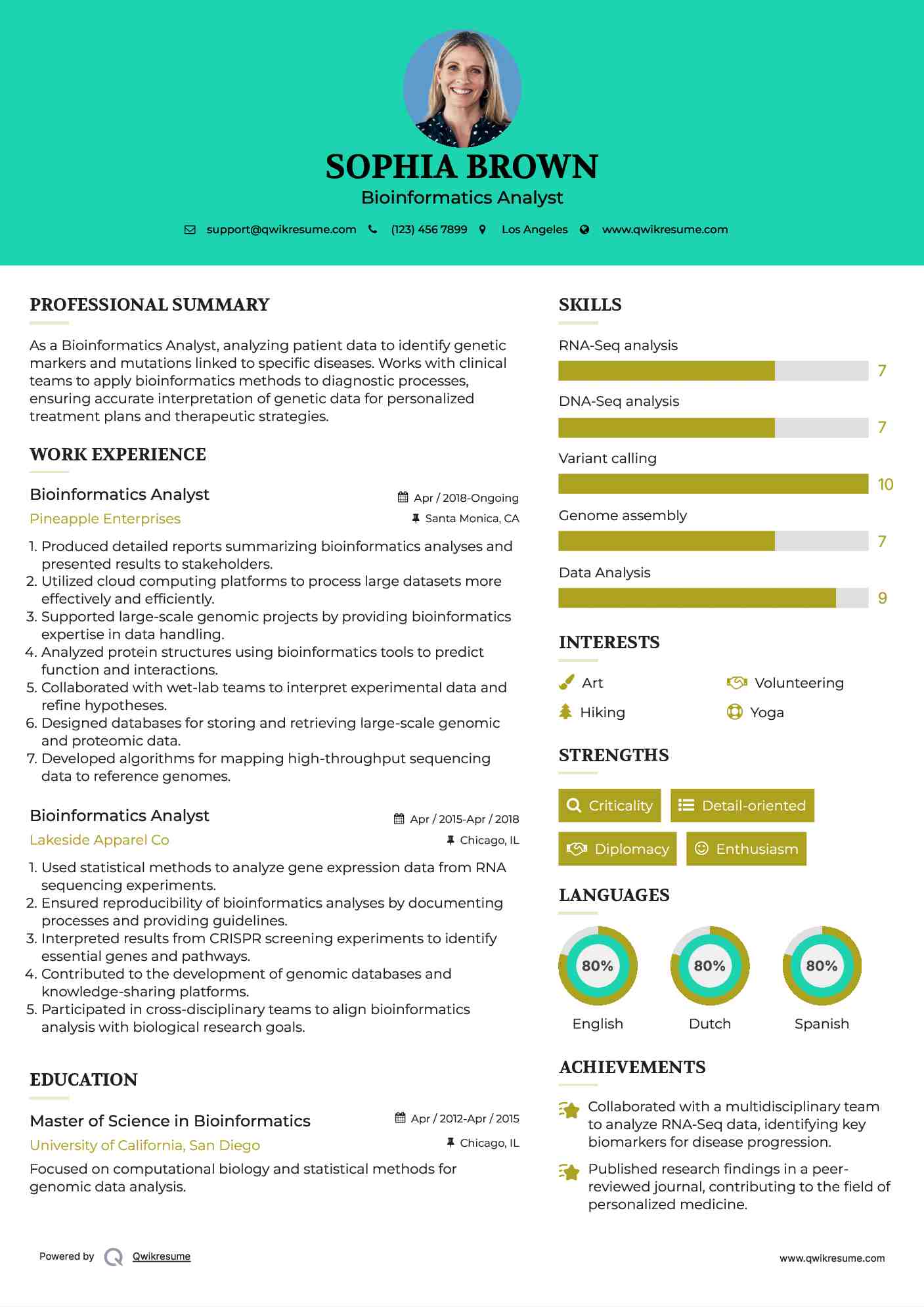 Bioinformatics Analyst Resume Sample