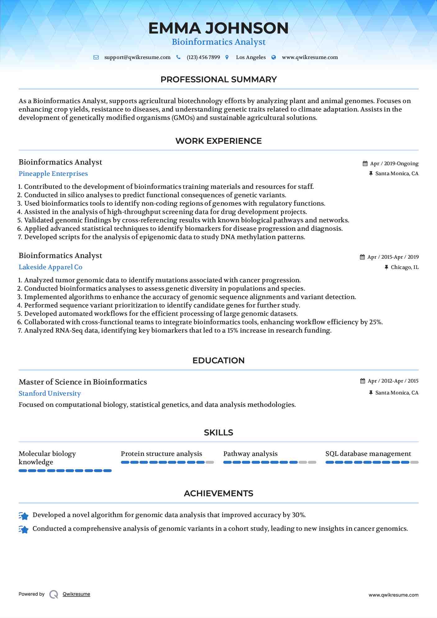 Bioinformatics Analyst Resume Sample