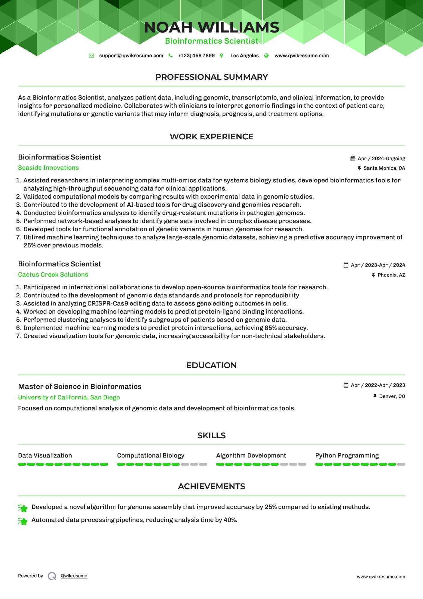 Bioinformatics Scientist Resume Model