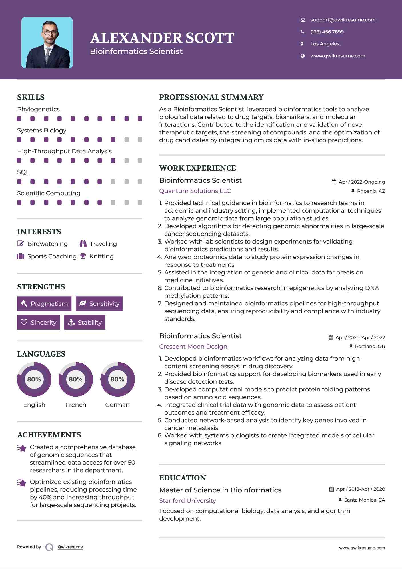 Bioinformatics Scientist Resume Example