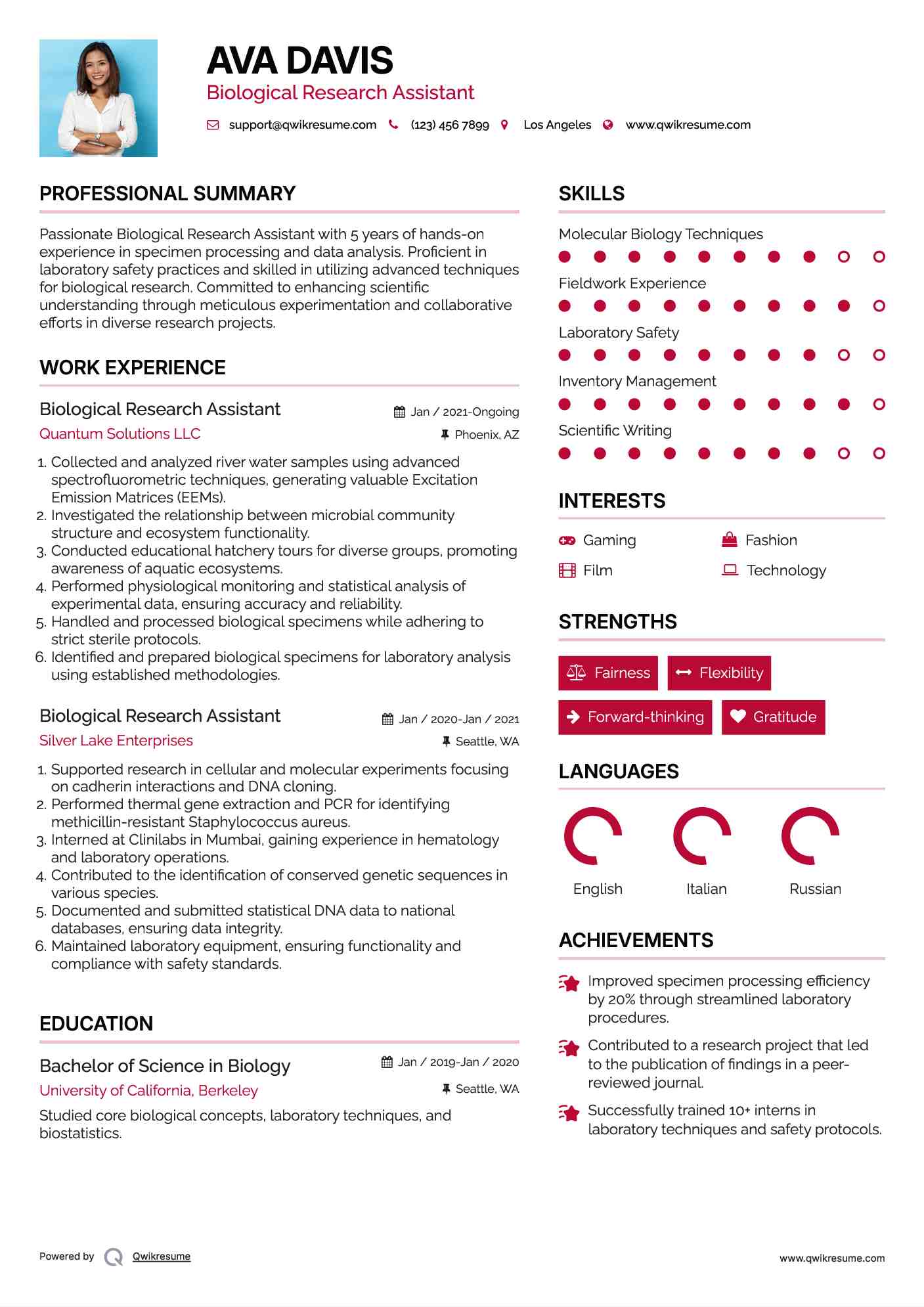 Biological Research Assistant Resume Model
