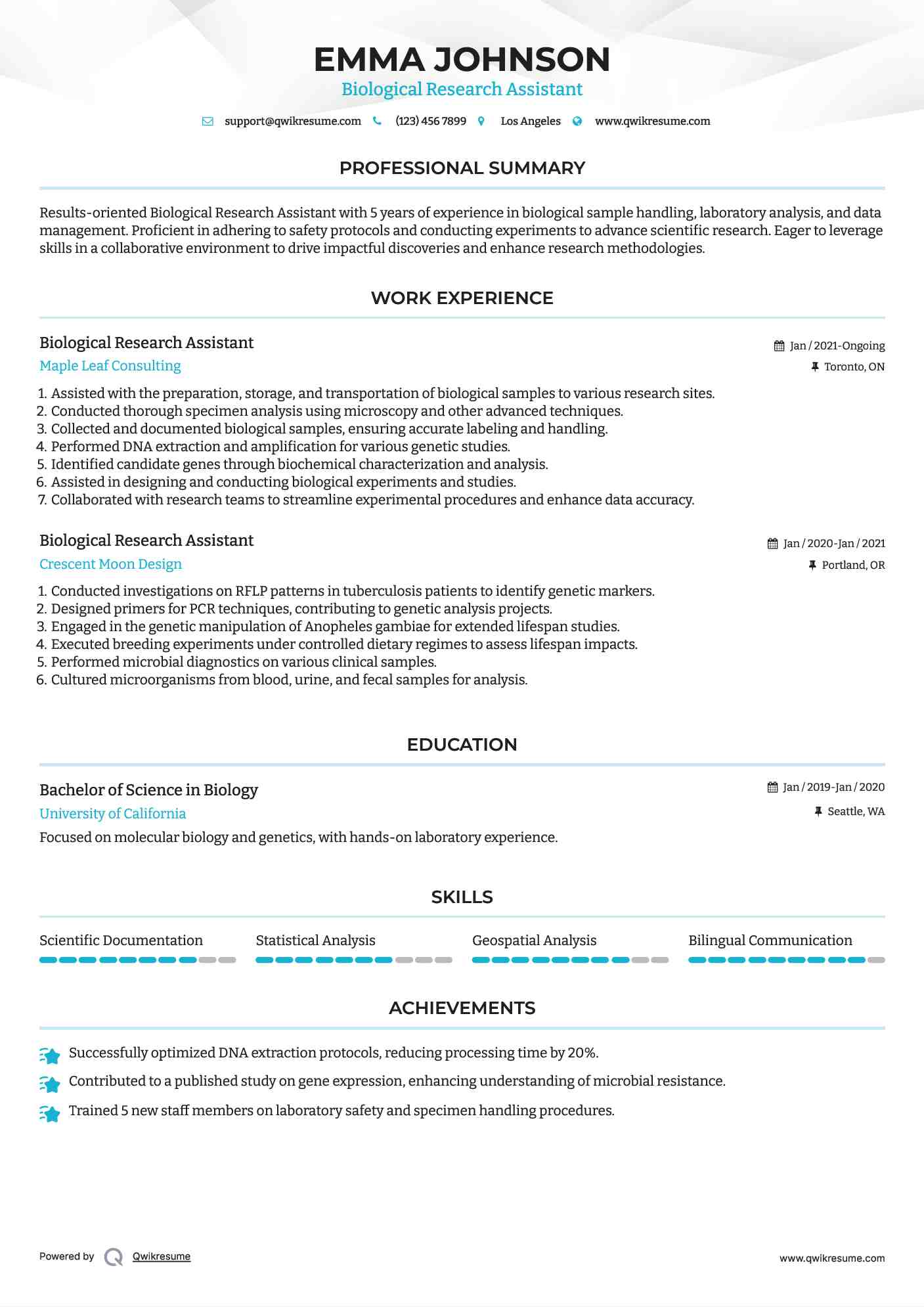 Biological Research Assistant Resume Model