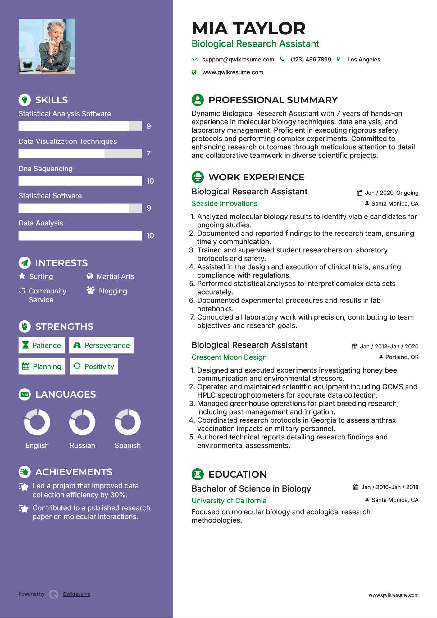 Biological Research Assistant Resume Template