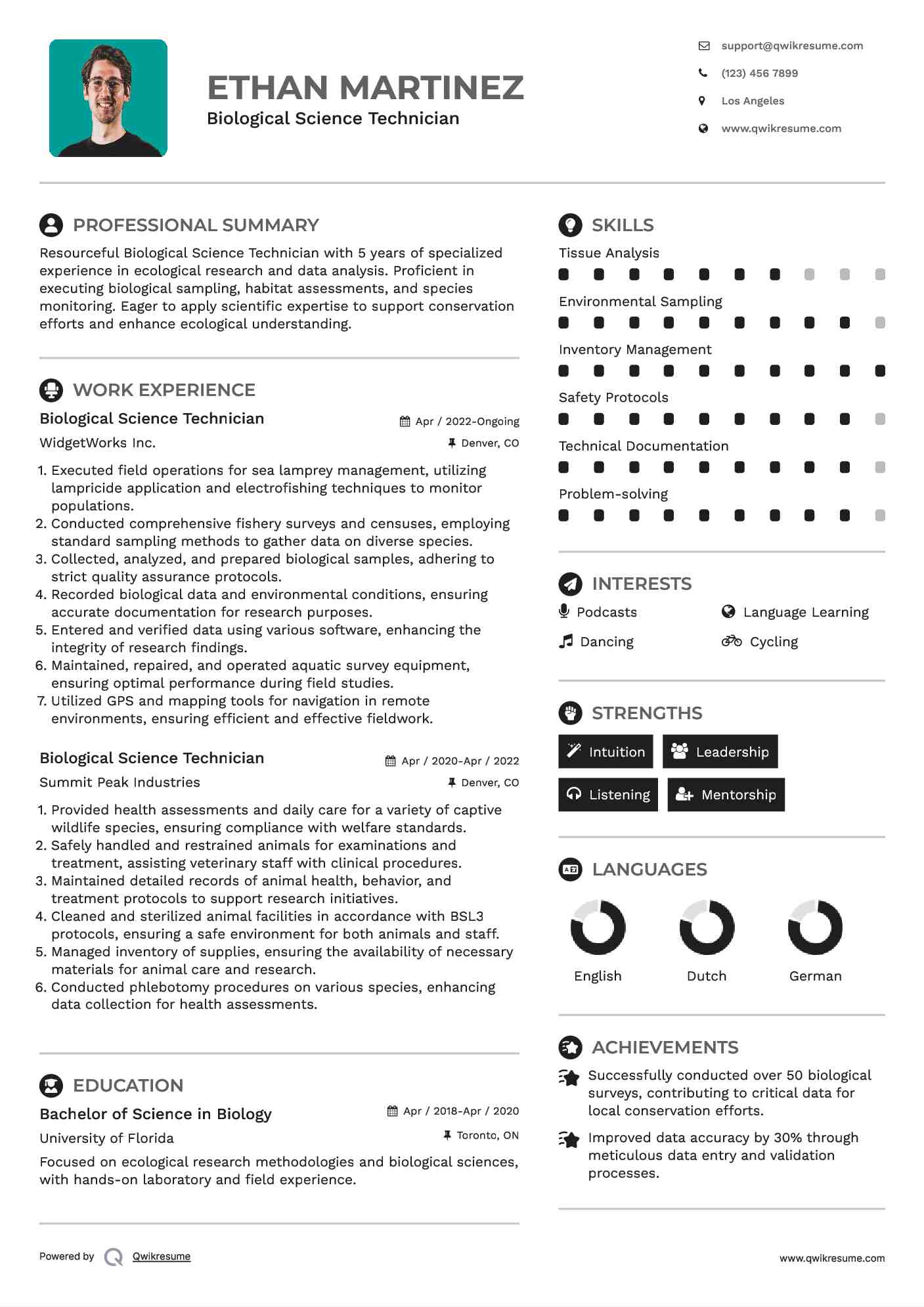 Biological Science Technician Resume Example