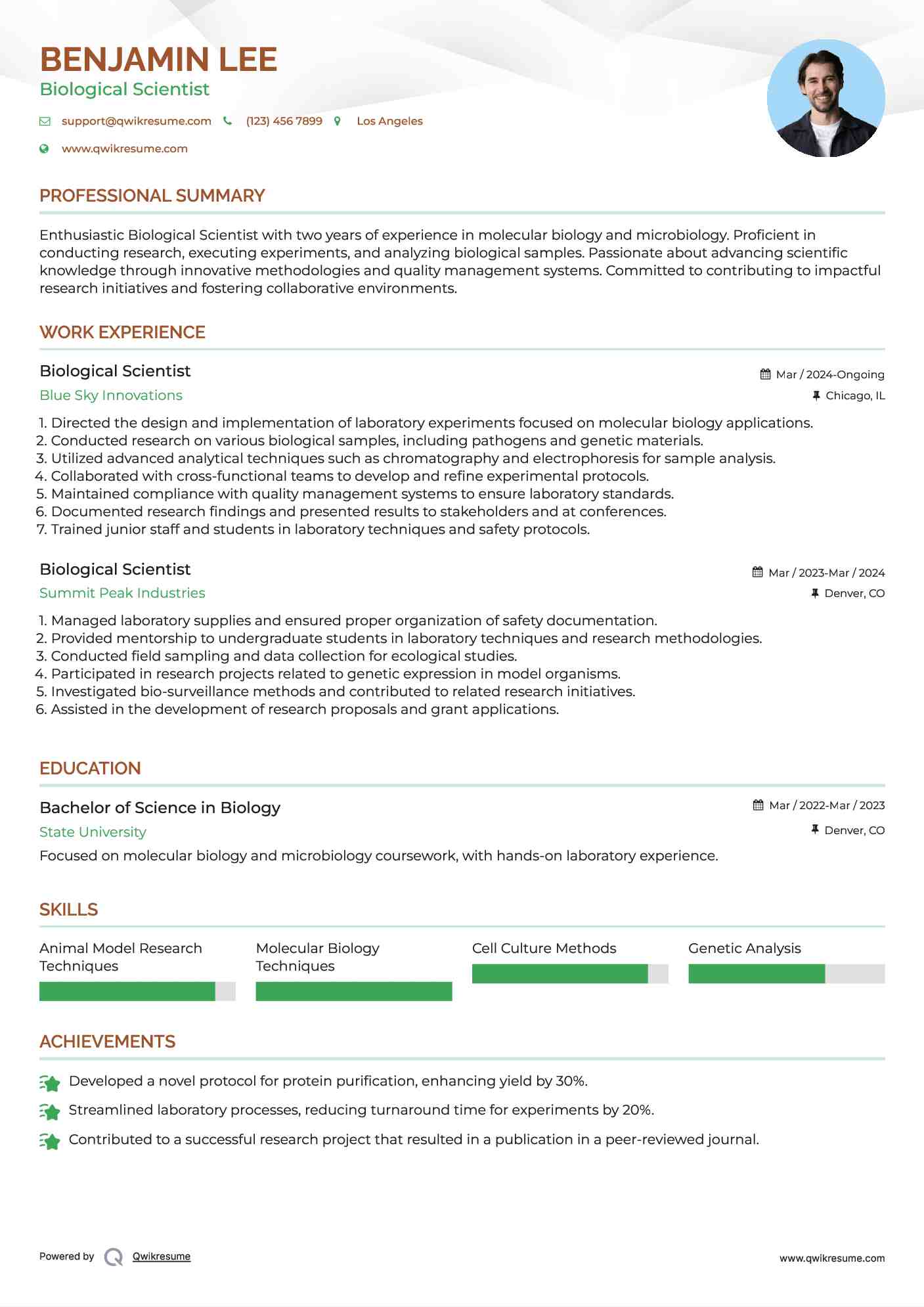 Biological Scientist Resume Sample