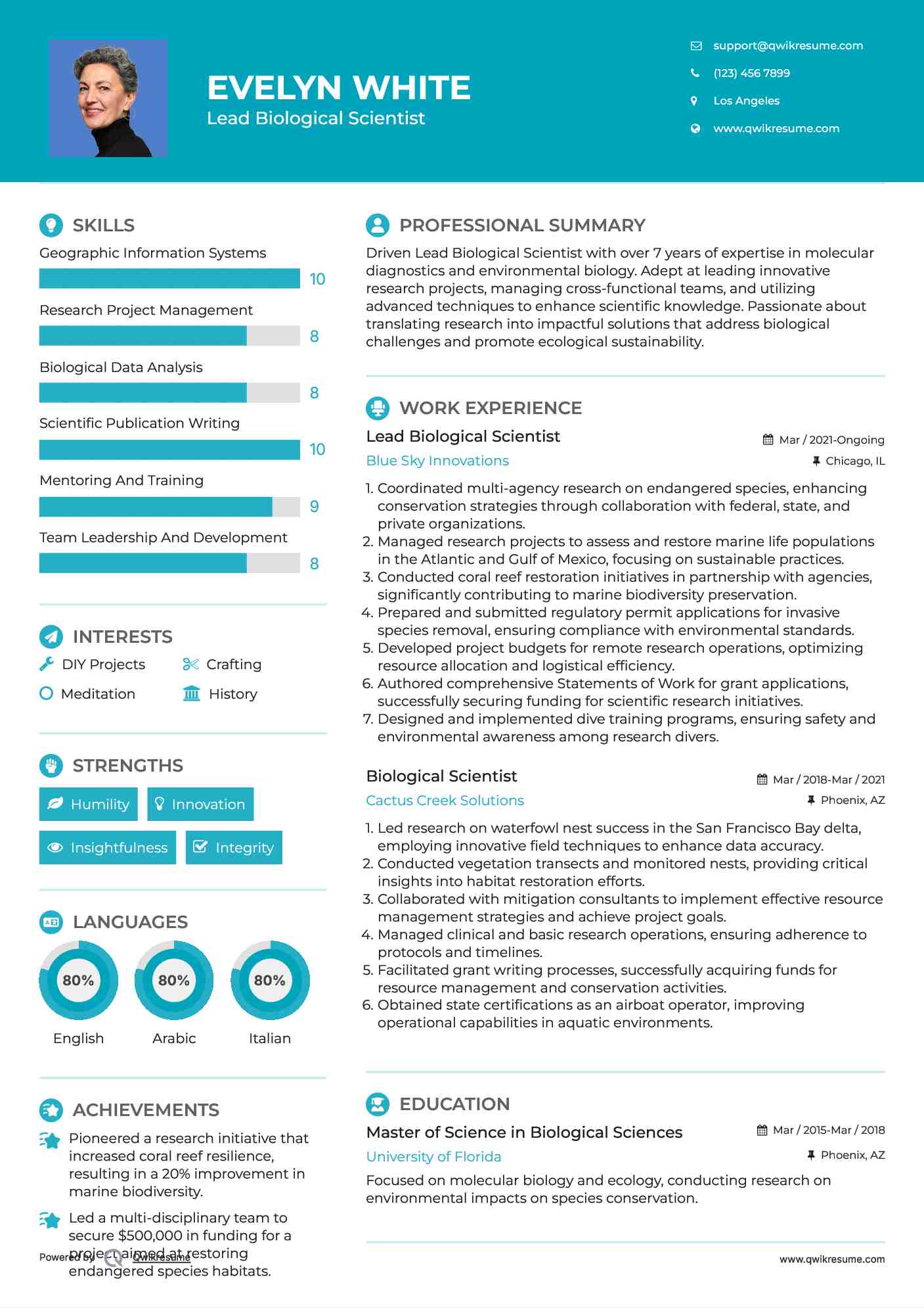 Lead Biological Scientist Resume Sample