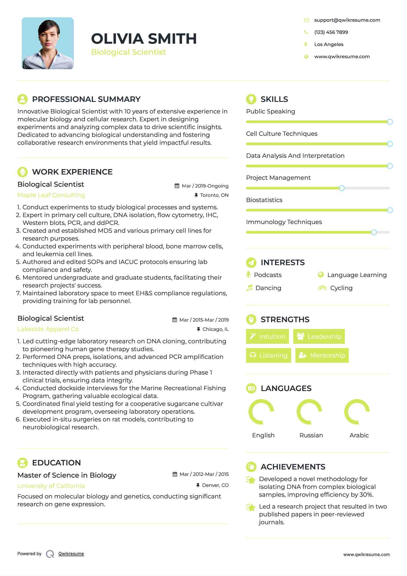 Biological Scientist Resume Model