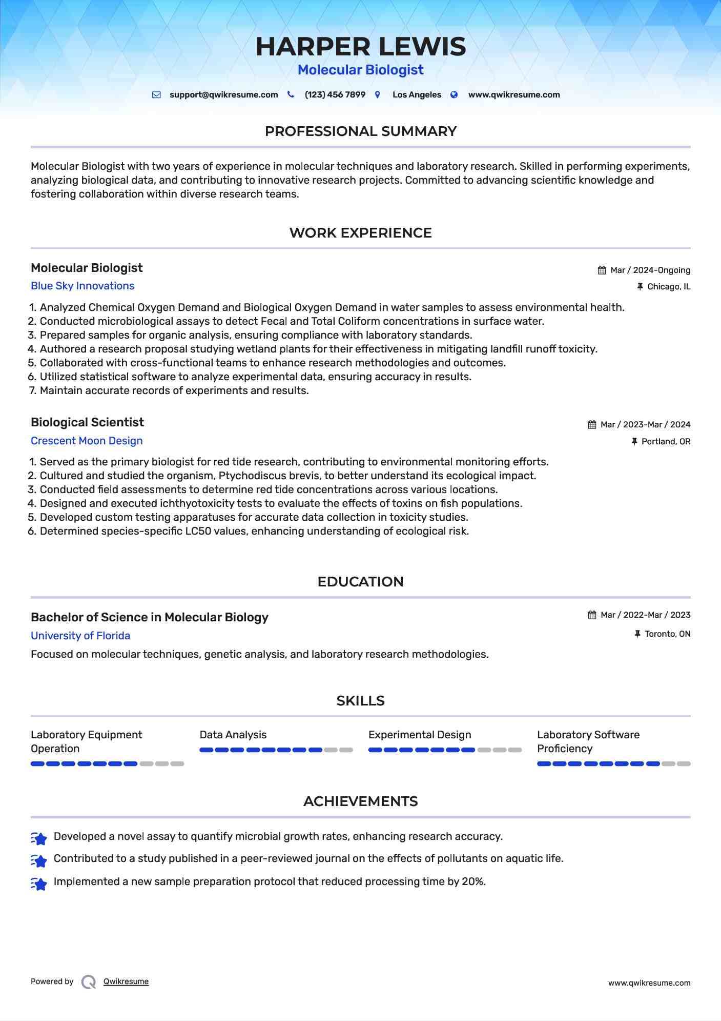 Molecular Biologist Resume Sample
