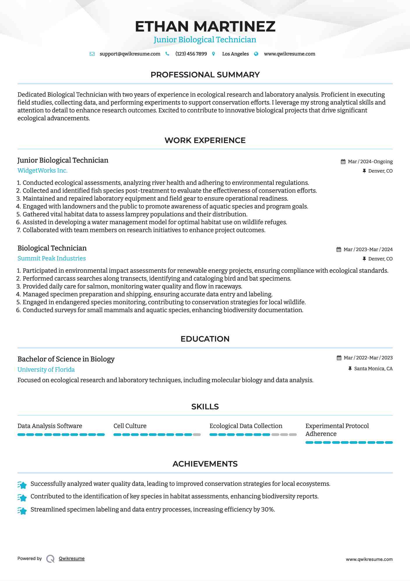 Junior Biological Technician  Resume Sample