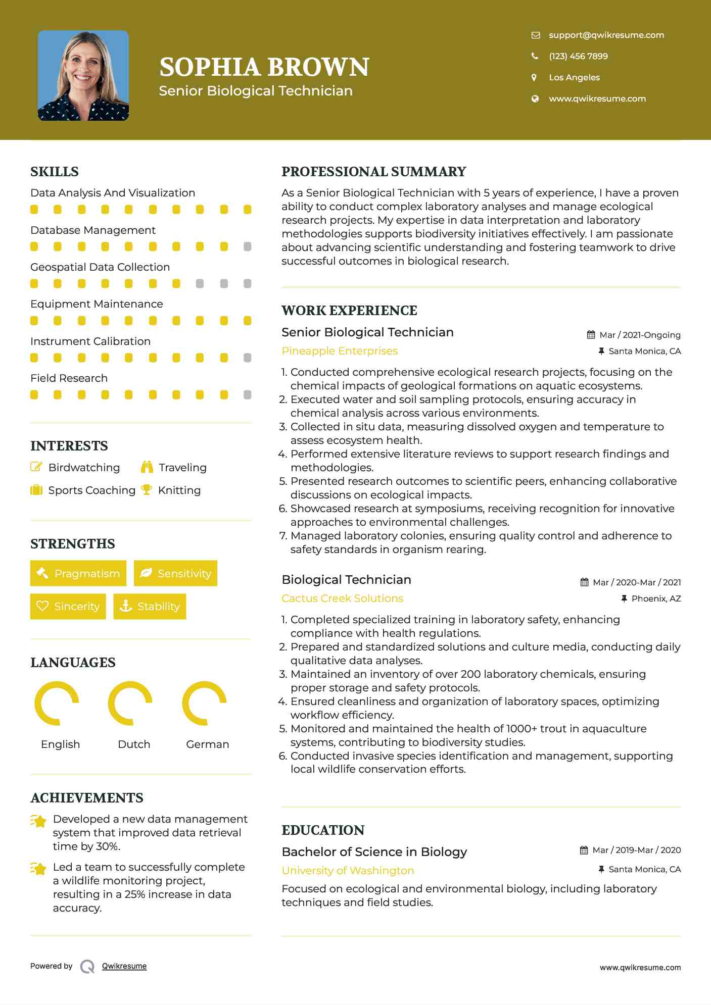 Senior Biological Technician  Resume Format