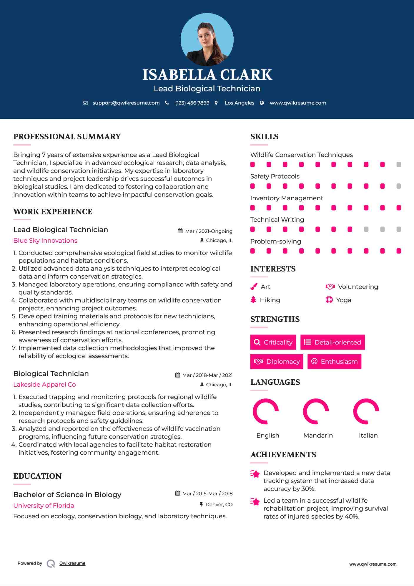 Lead Biological Technician Resume Example