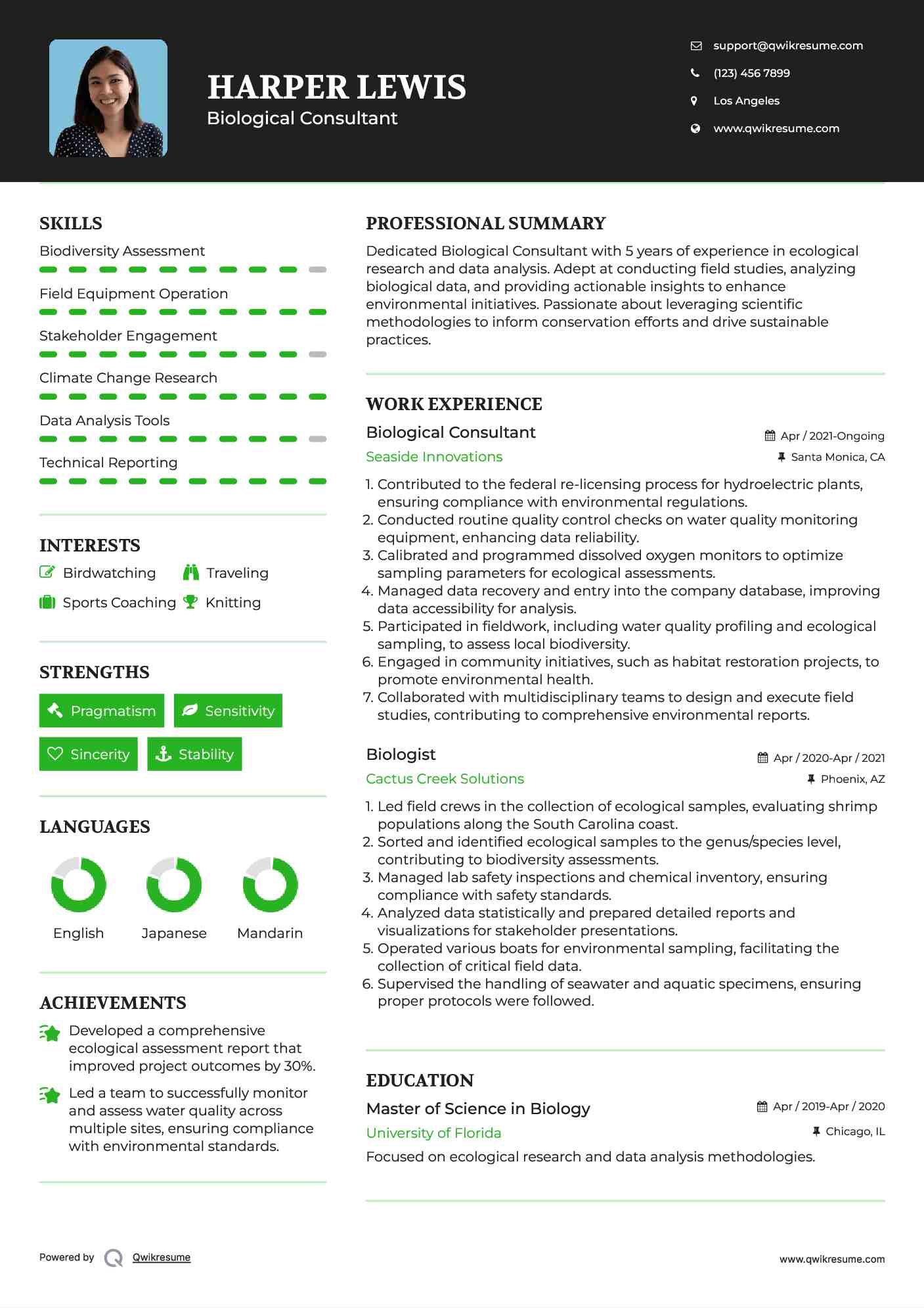 Biological Consultant Resume Example