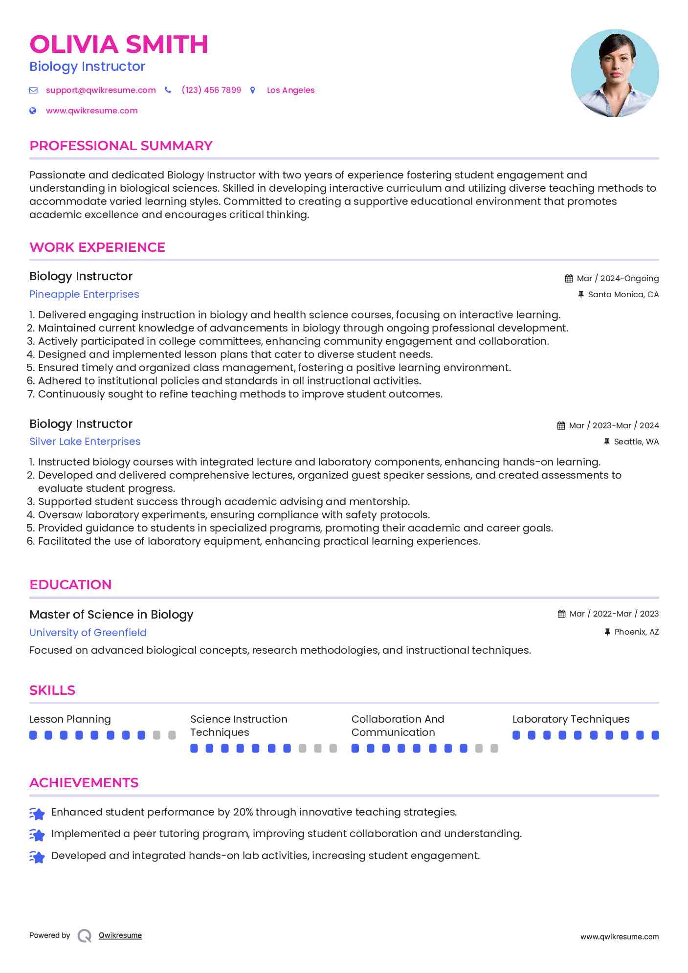 Biology Instructor Resume Example