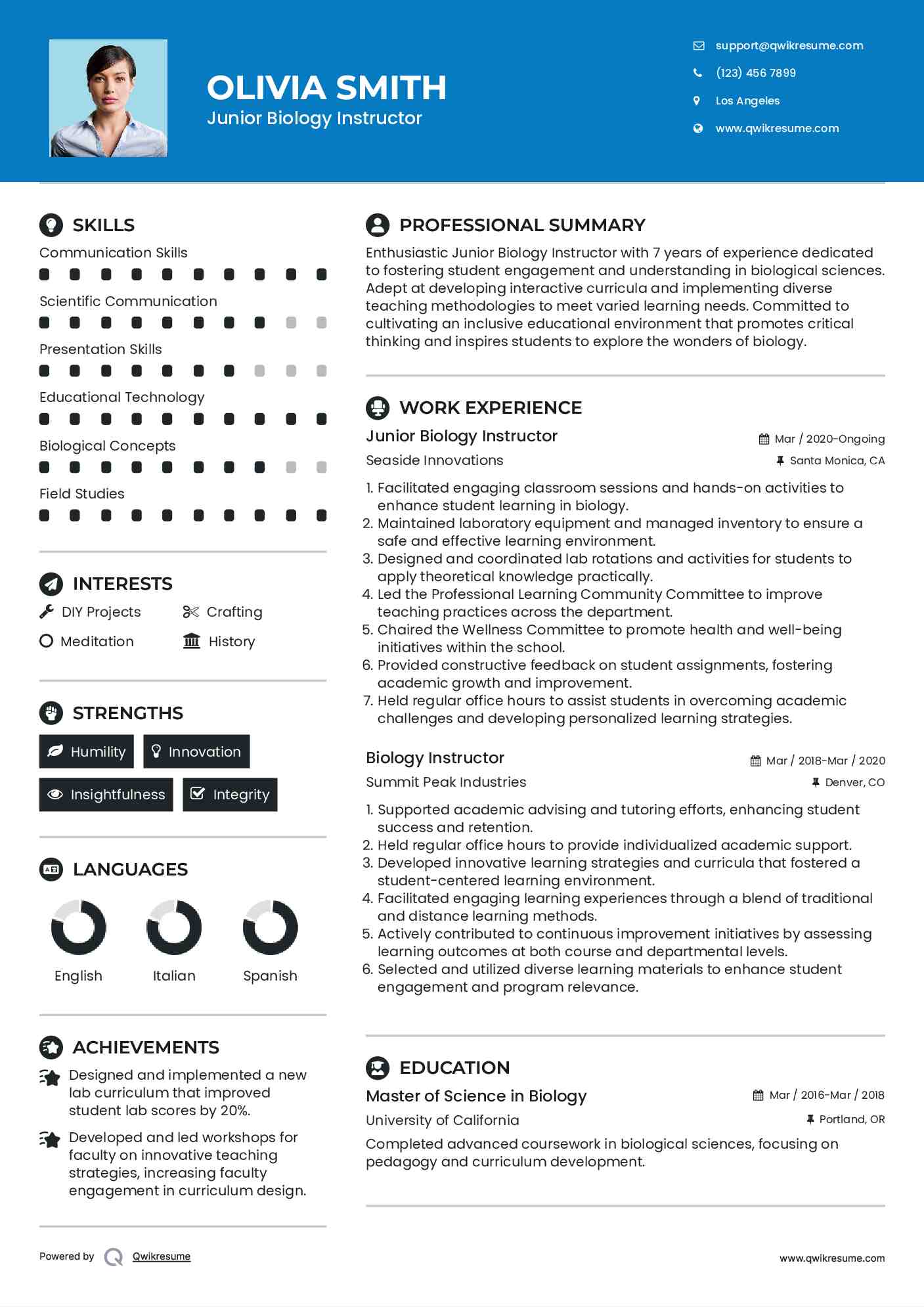 Biology Instructor Resume Samples | QwikResume
