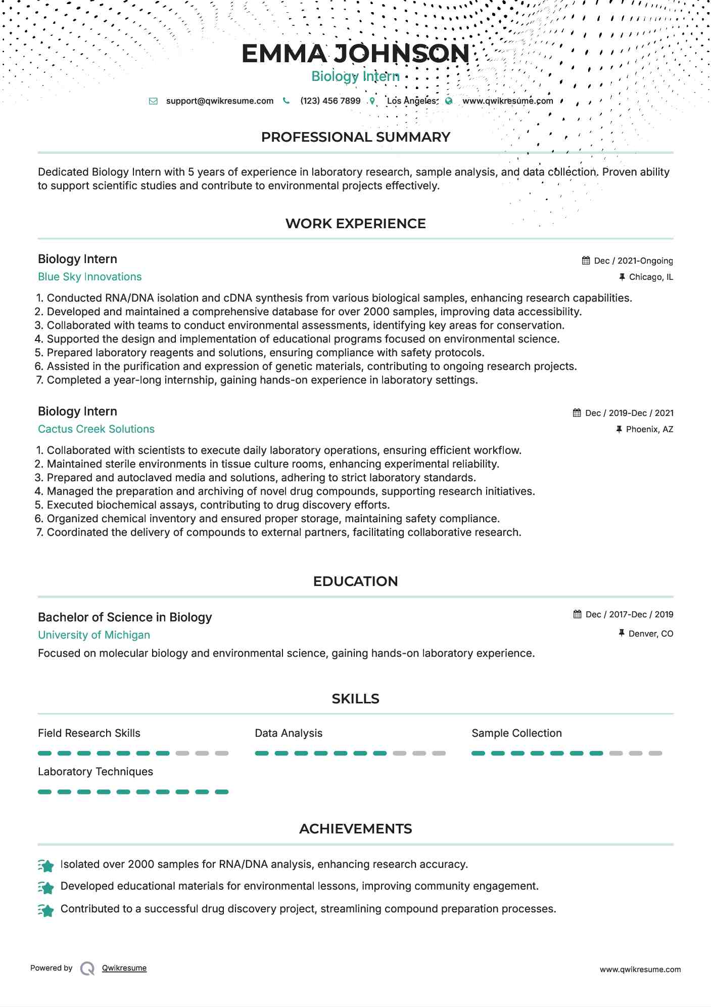 Biology Intern Resume Format