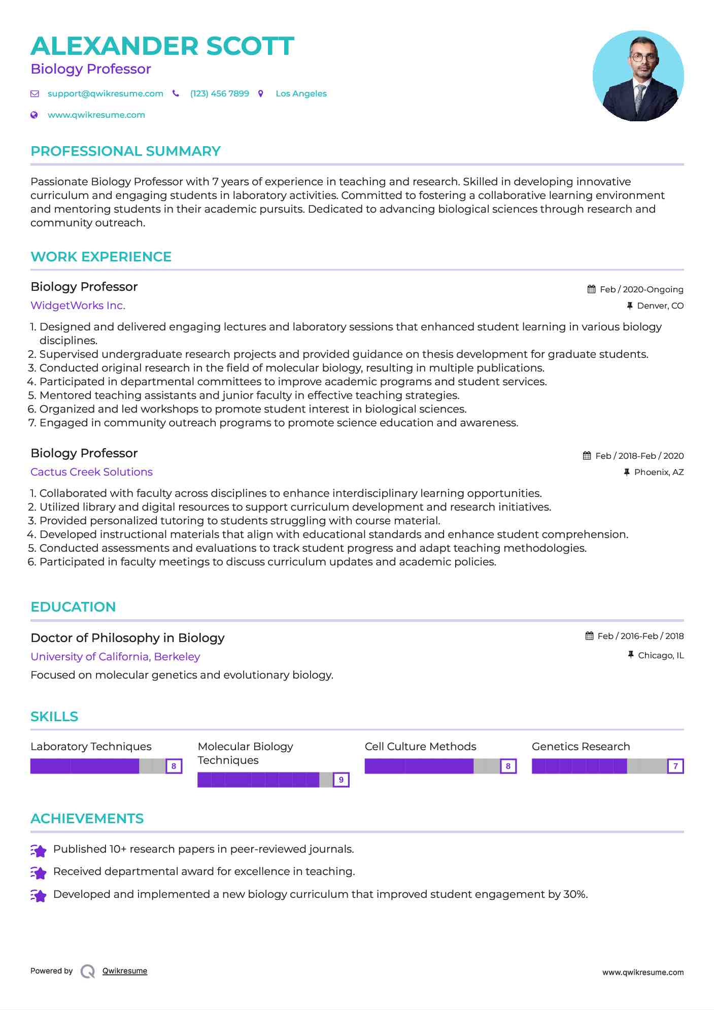 Biology Professor Resume Sample