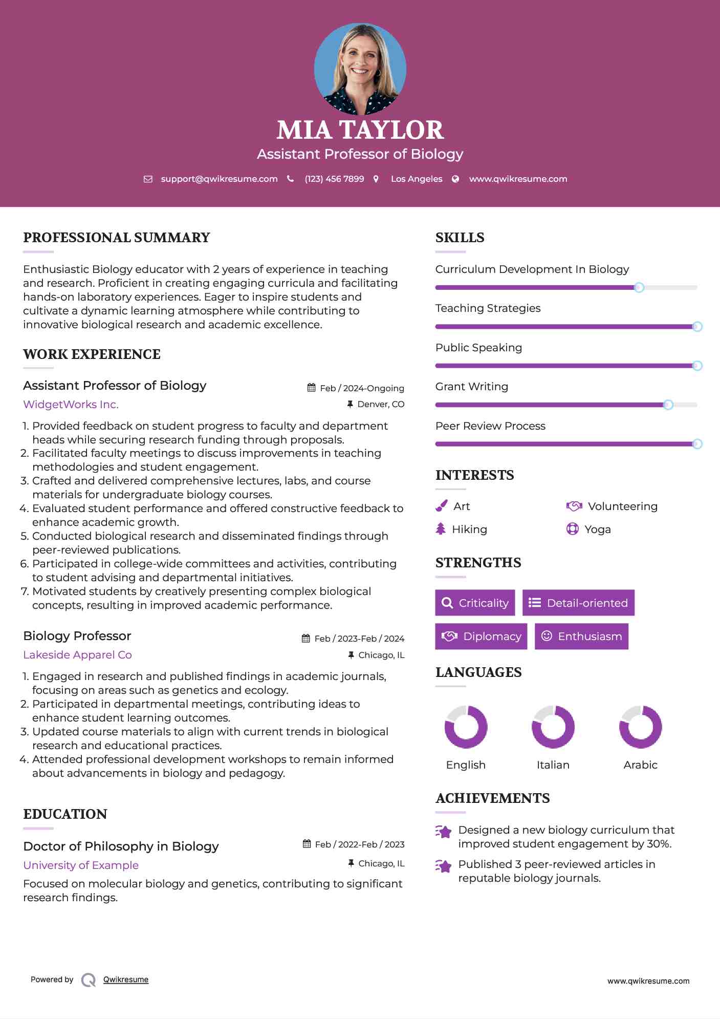 Assistant Professor of Biology Resume Model