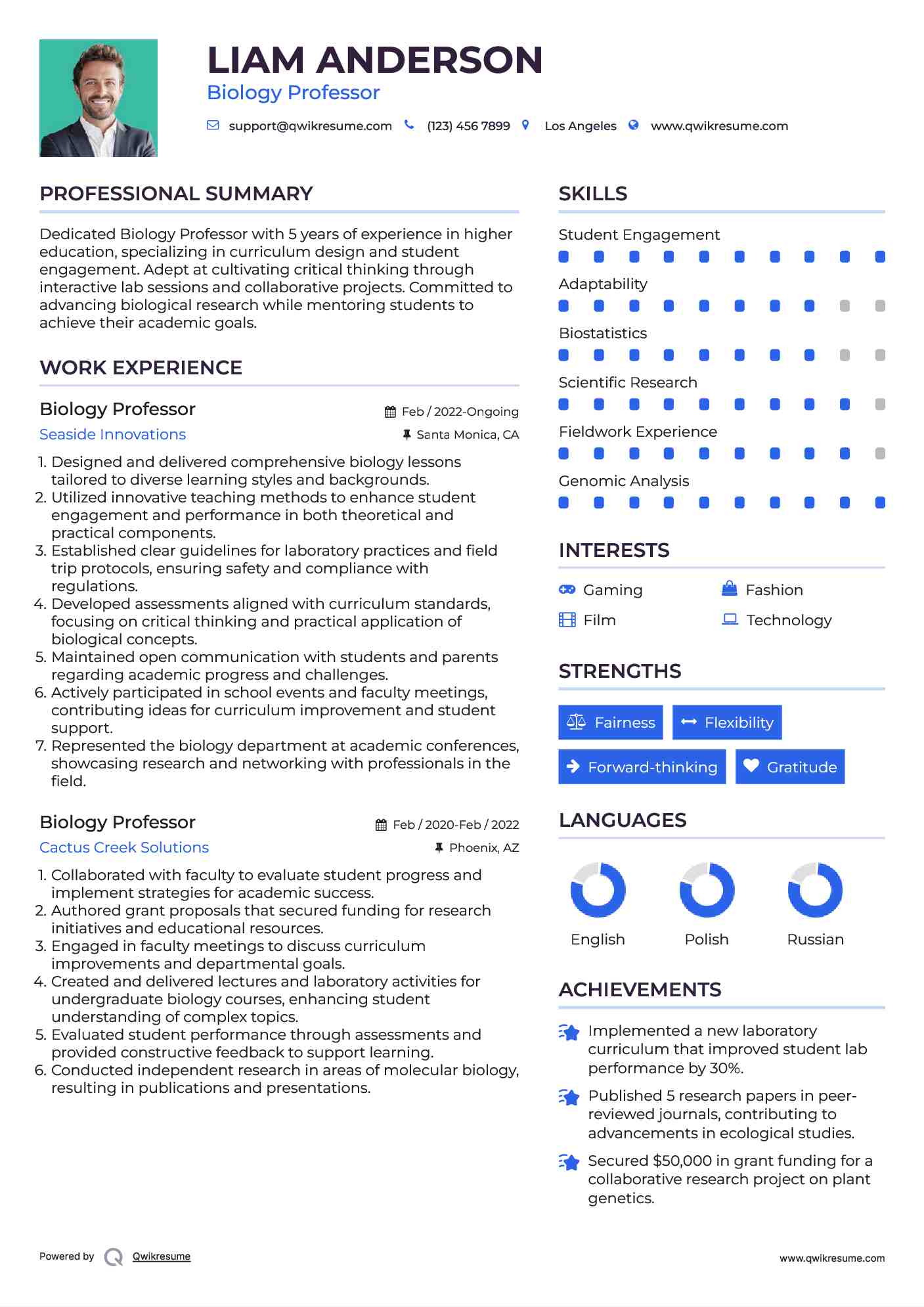 Biology Professor Resume Example