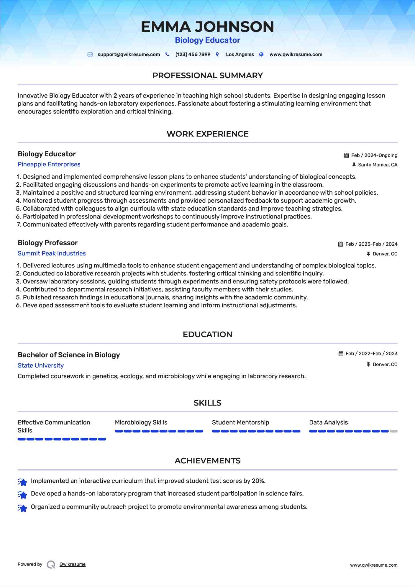 Biology Educator Resume Example