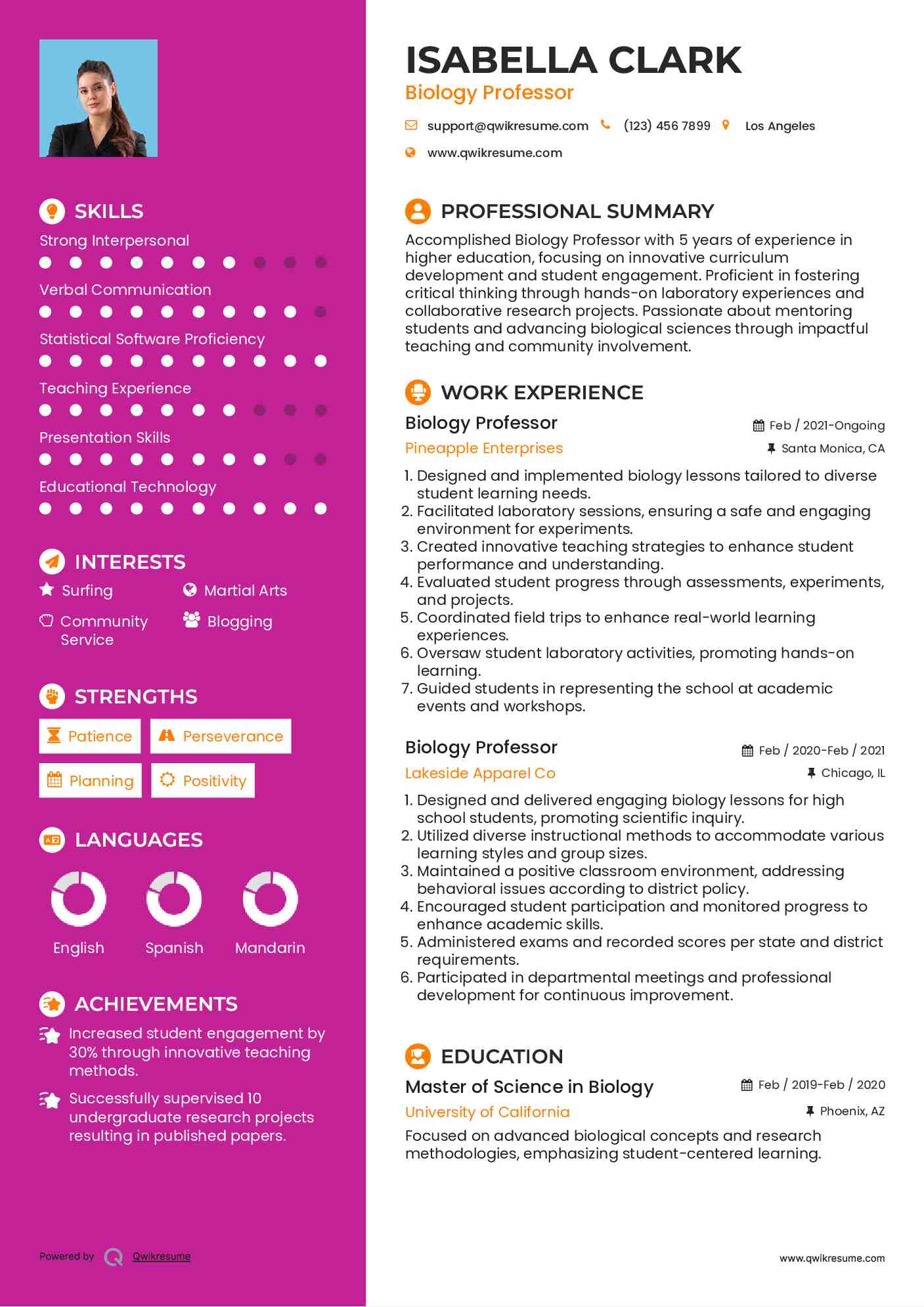 Biology Professor Resume Model