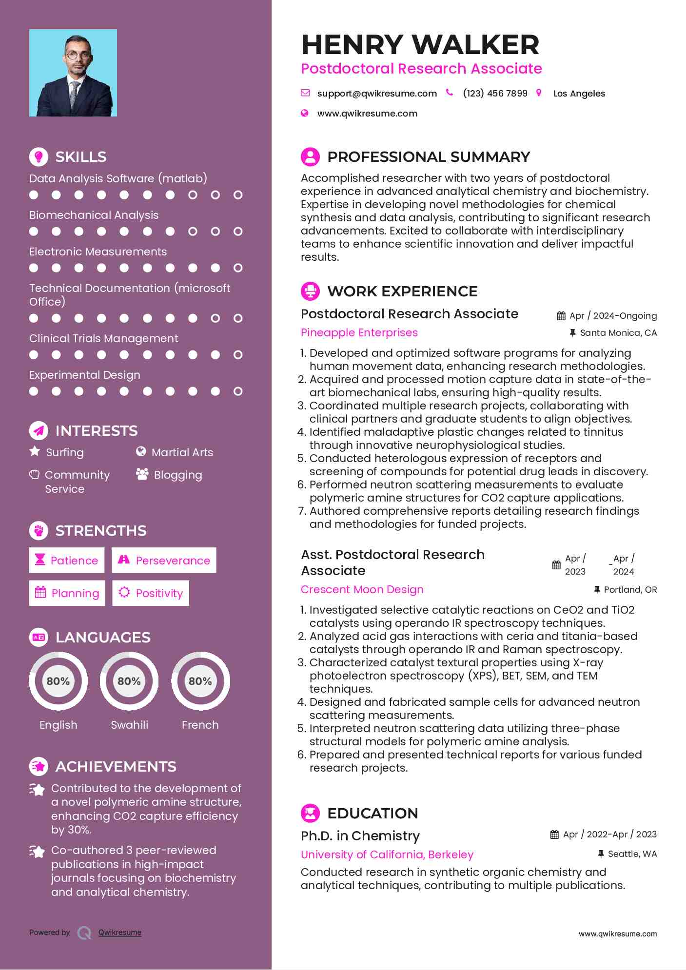 Postdoctoral Research Associate Resume Sample