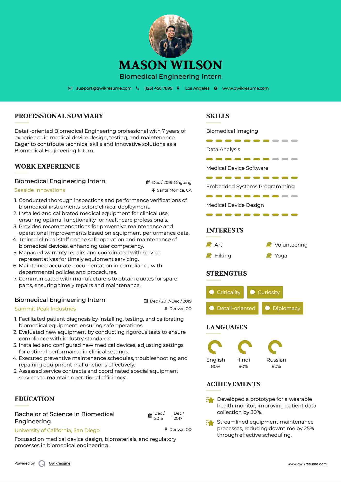 Biomedical Engineering Intern Resume Model