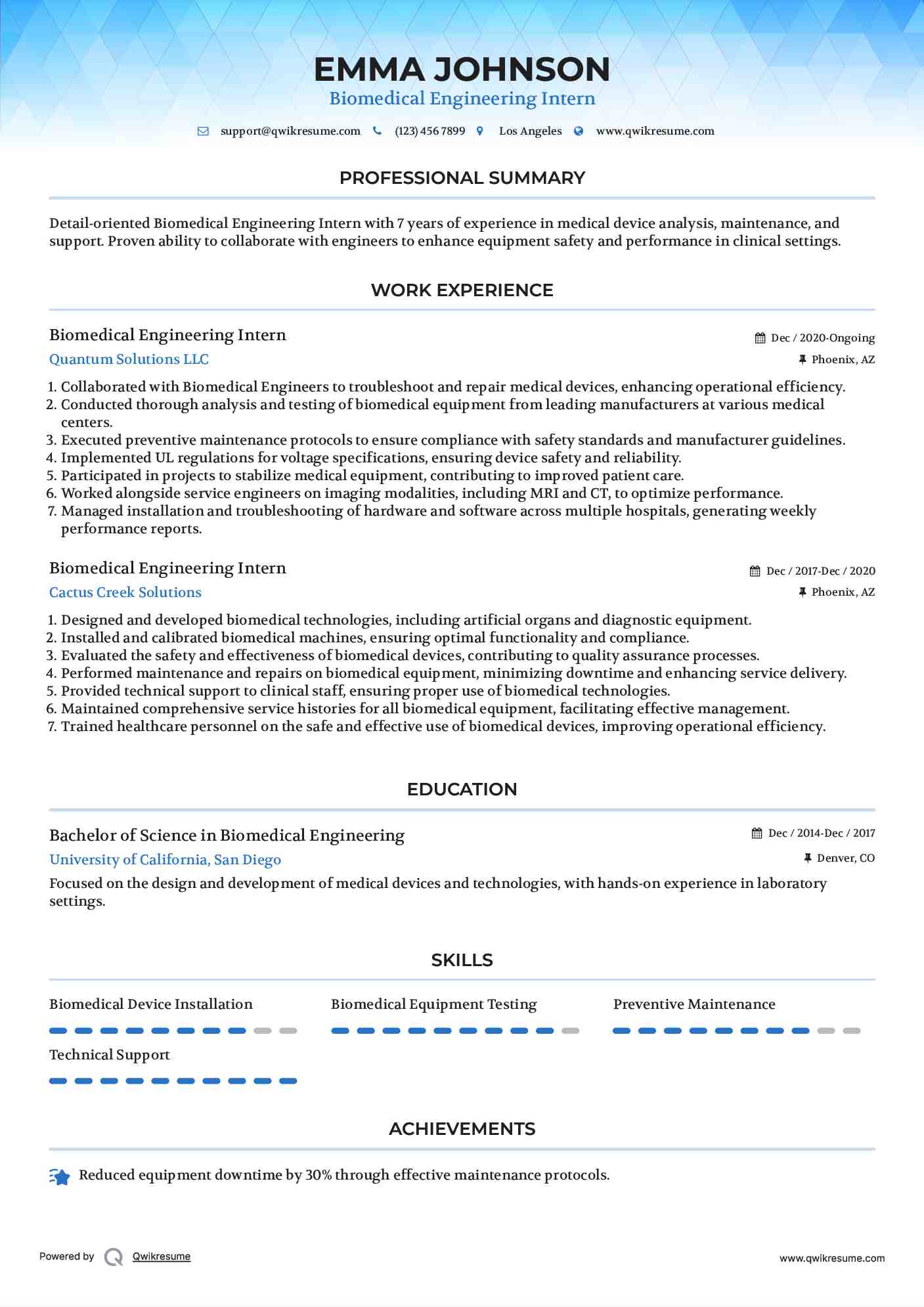 Biomedical Engineering Intern Resume Model