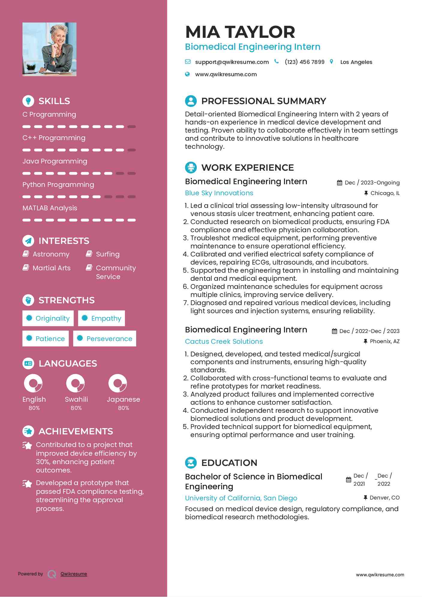 Biomedical Engineering Intern Resume Model