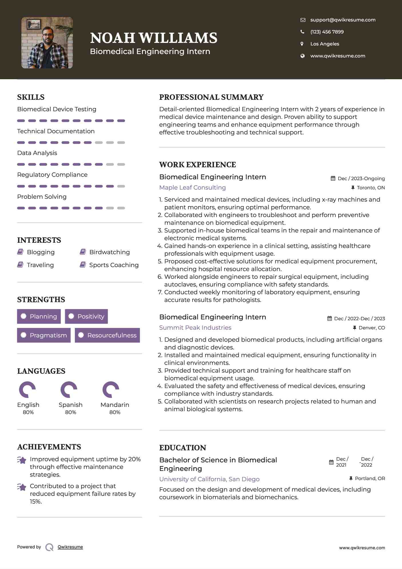 Biomedical Engineering Intern Resume Example
