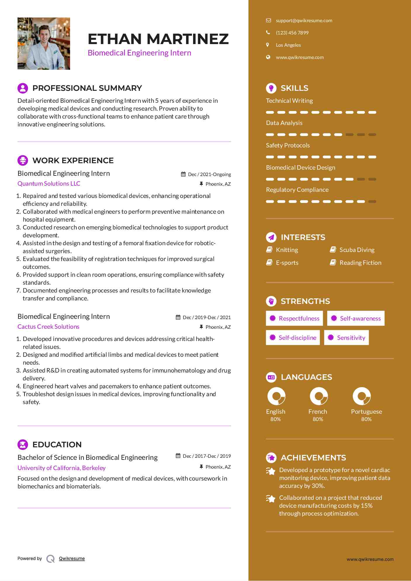 Biomedical Engineering Intern Resume Example