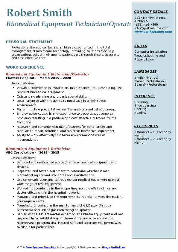 Biomedical Equipment Technician Resume Samples QwikResume