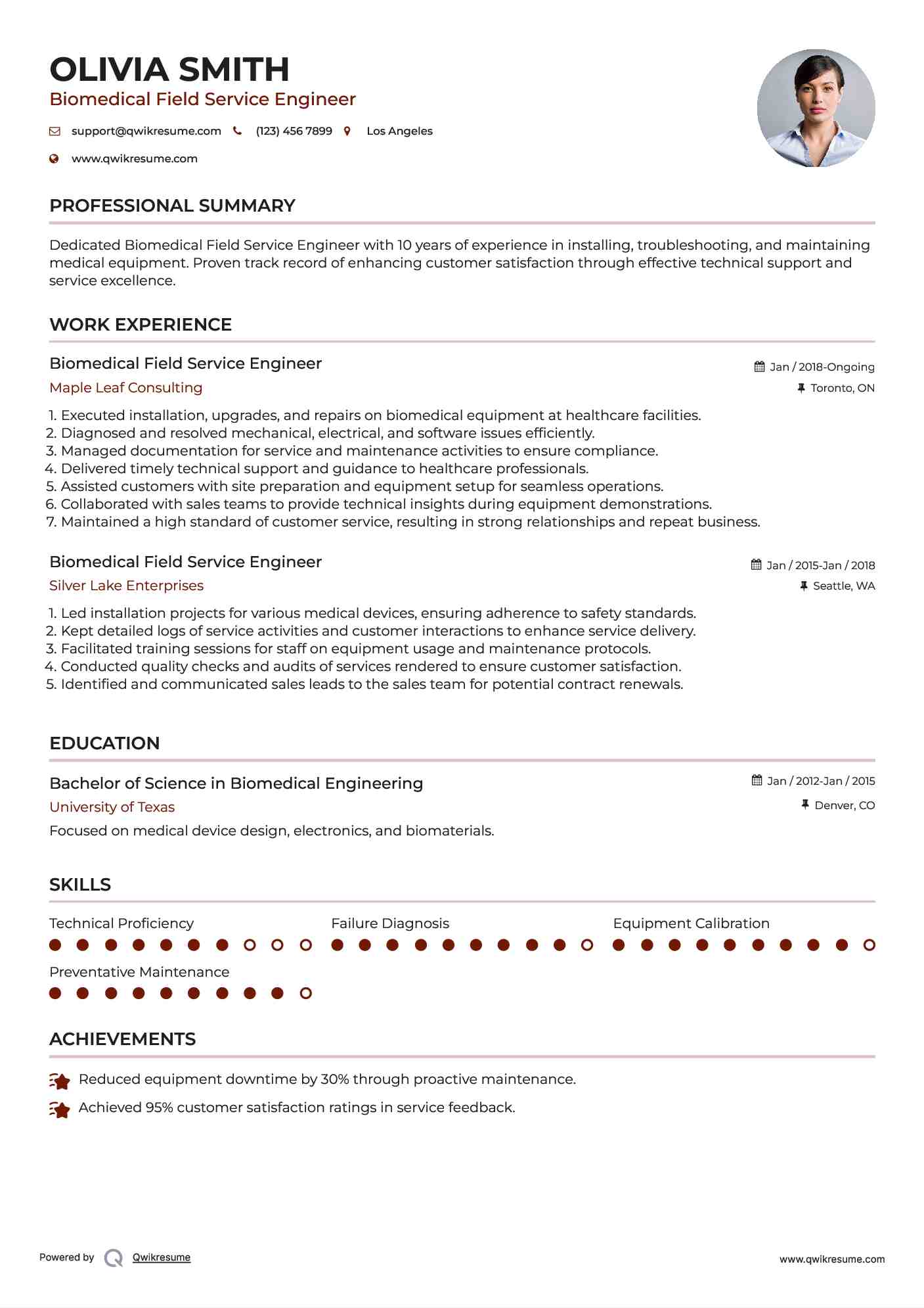 Biomedical Field Service Engineer Resume Samples QwikResume