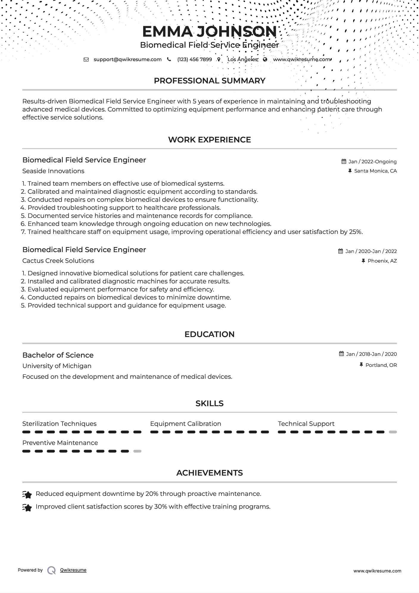 Biomedical Field Service Engineer Resume Samples QwikResume