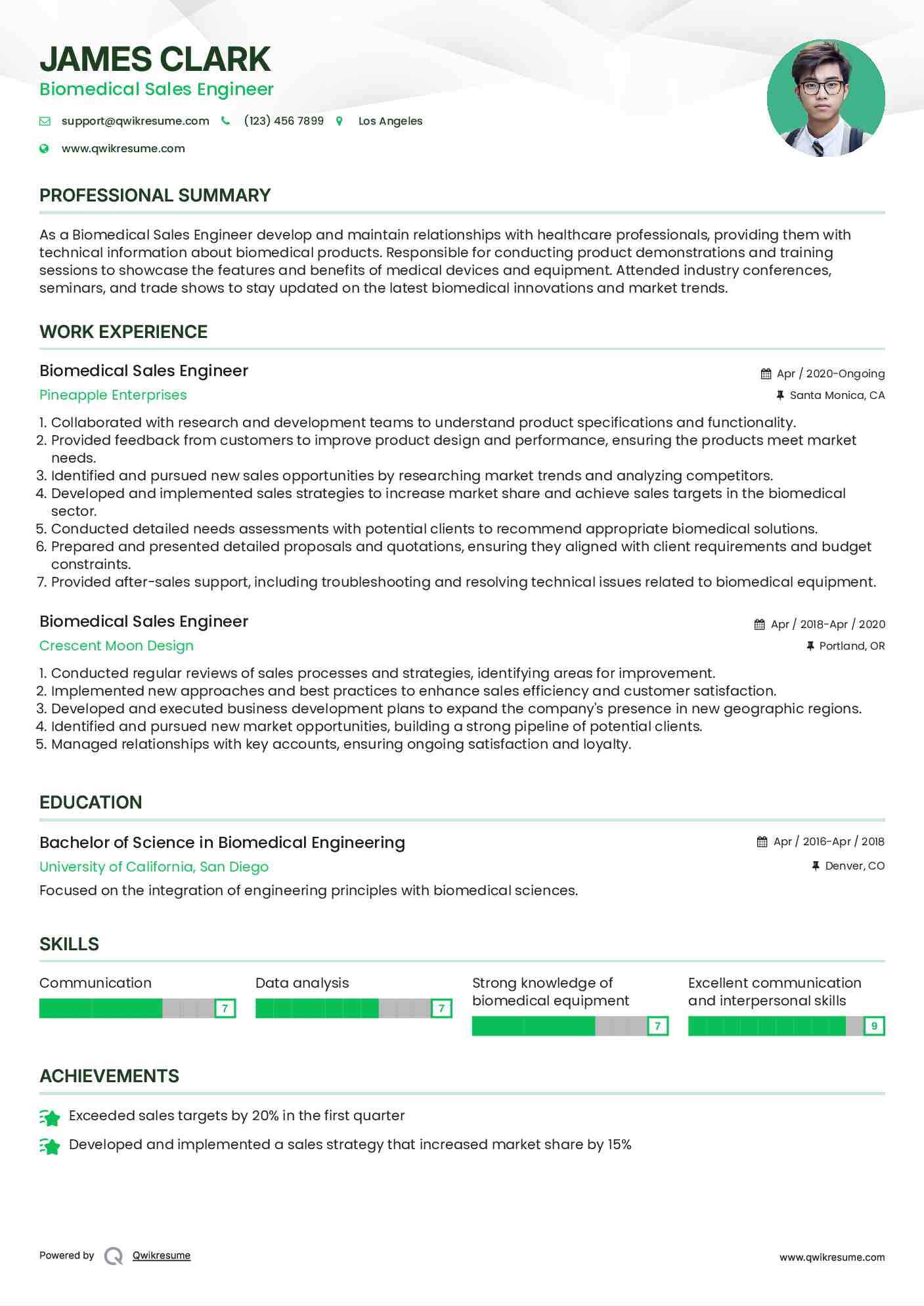 Biomedical Sales Engineer Resume Example