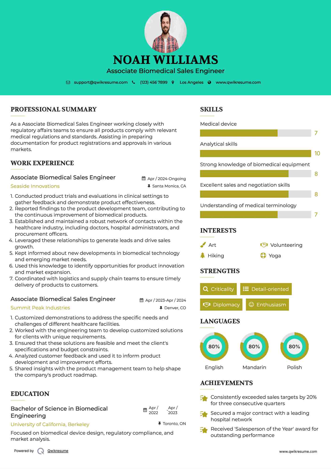 Associate Biomedical Sales Engineer Resume Template