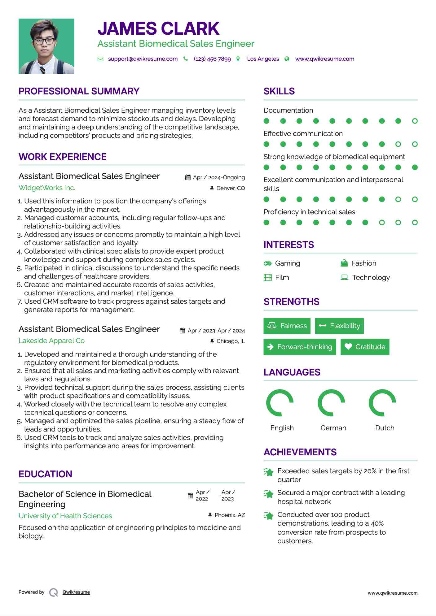 Assistant Biomedical Sales Engineer Resume Sample