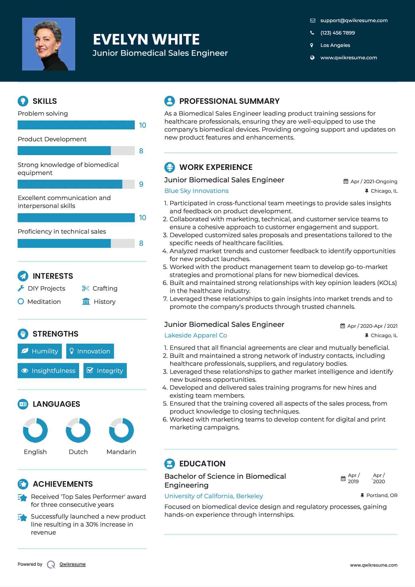 Junior Biomedical Sales Engineer Resume Model