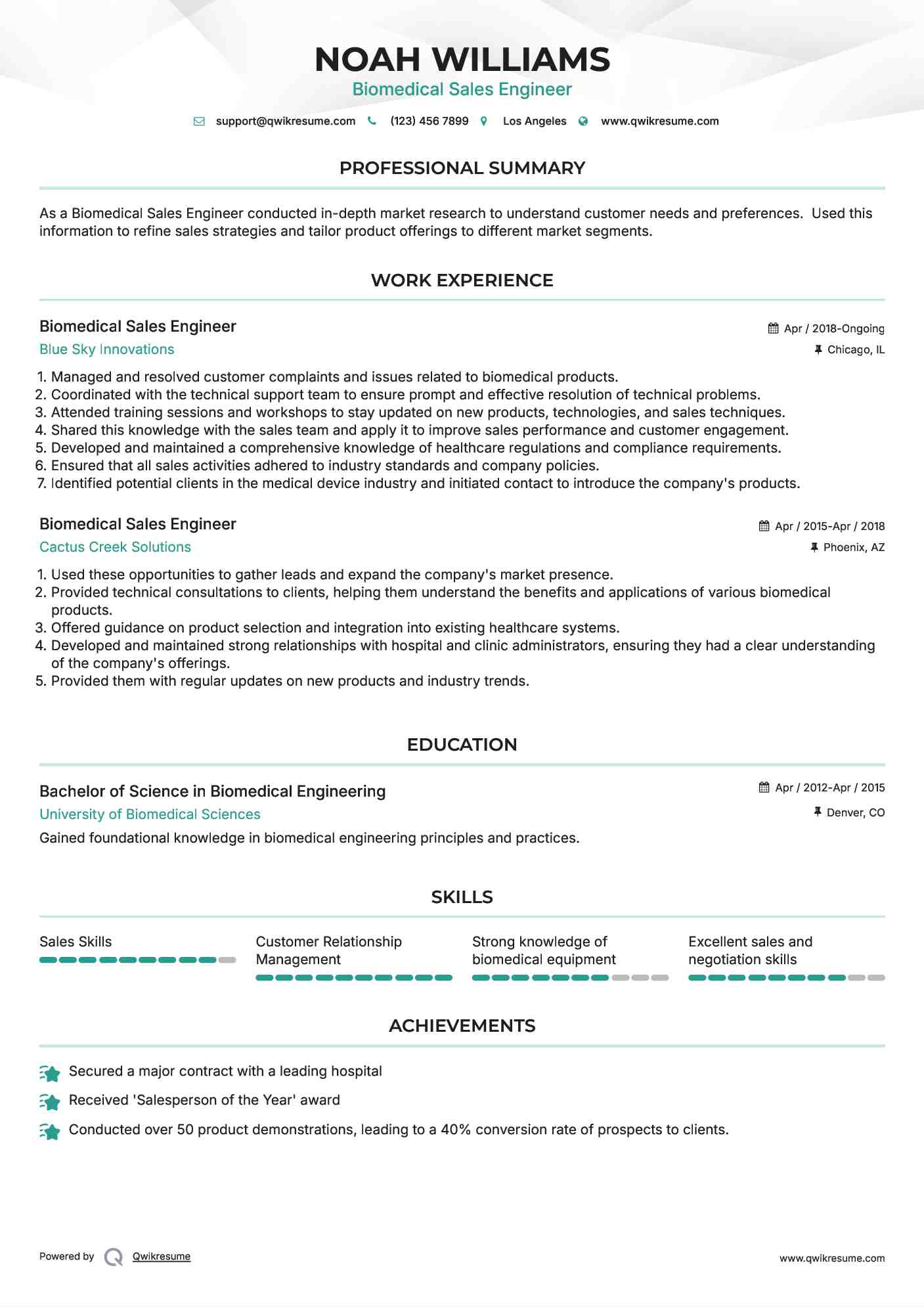  Biomedical Sales Engineer Resume Template