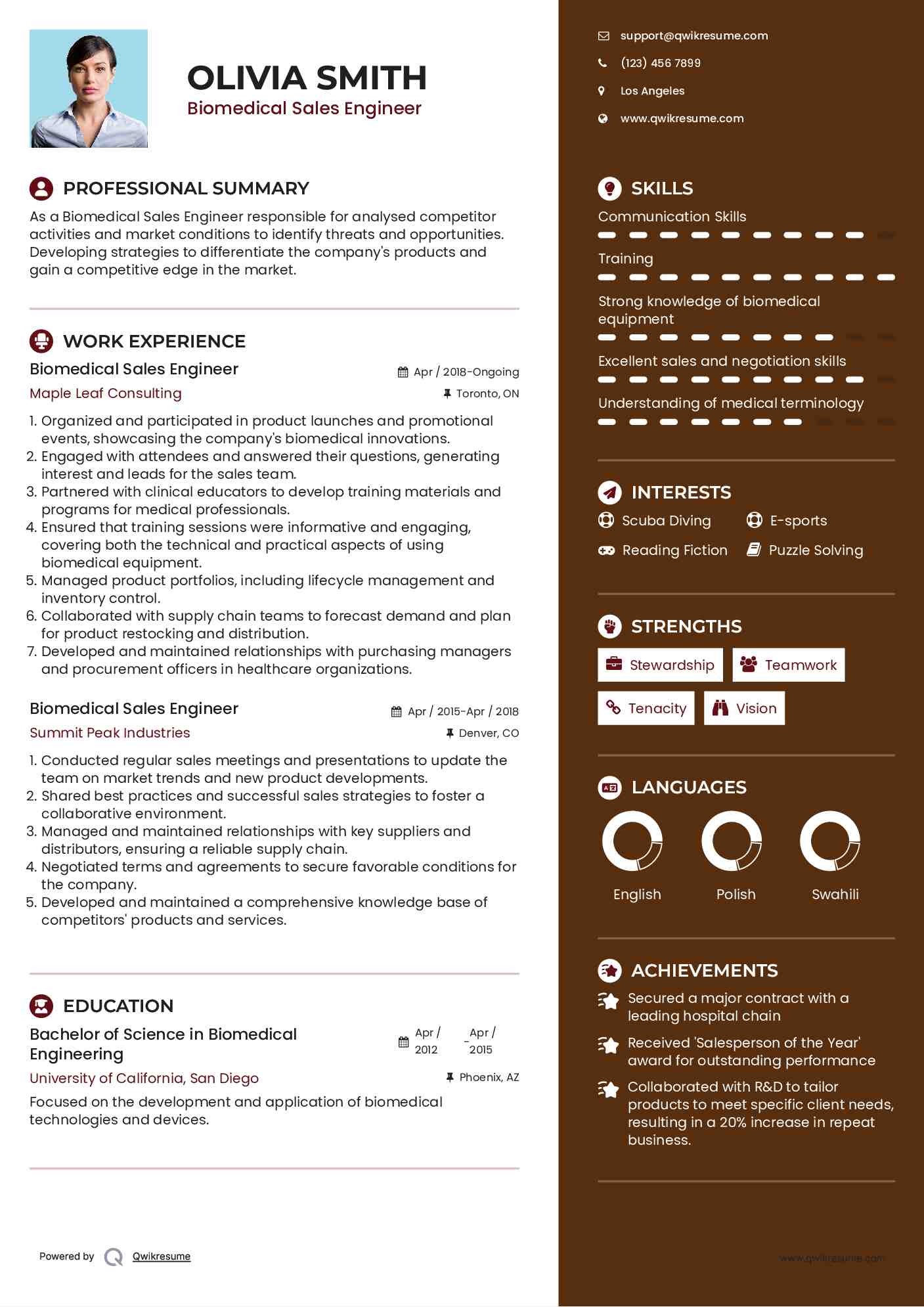  Biomedical Sales Engineer Resume Model