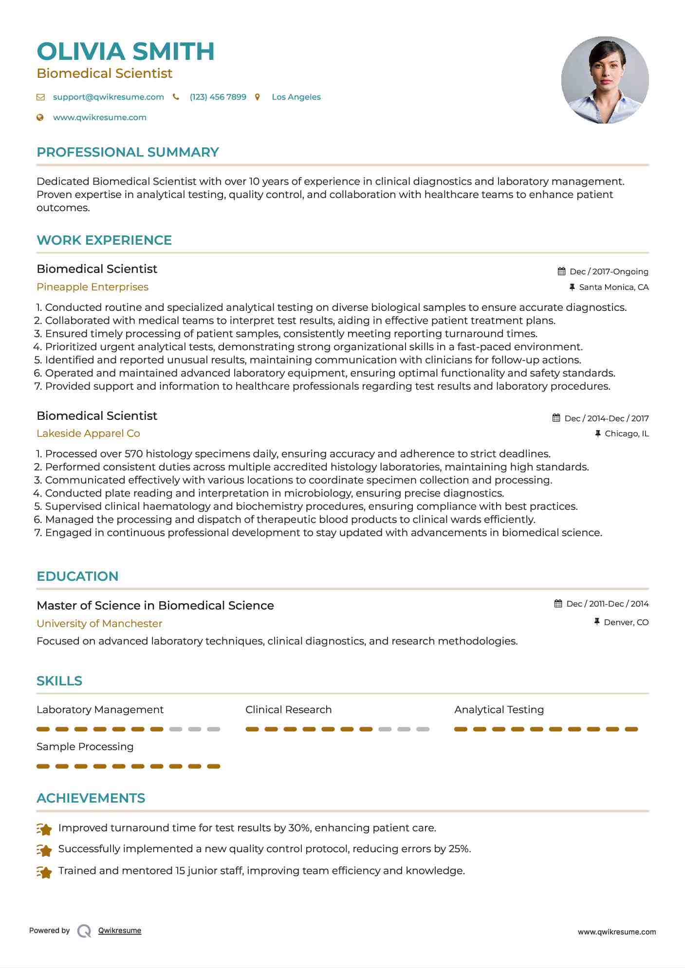 Biomedical Scientist Resume Model