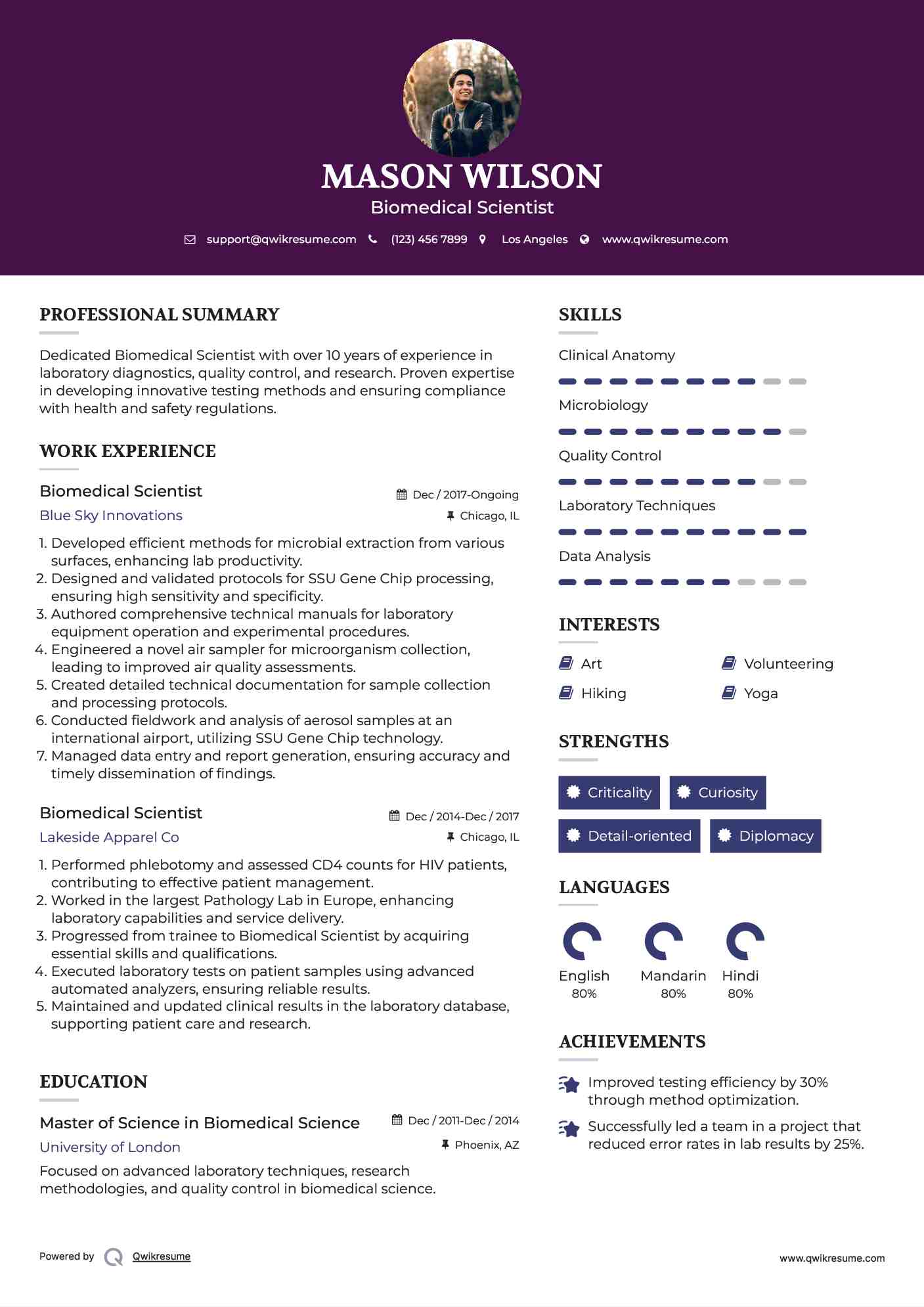 Biomedical Scientist Resume Sample