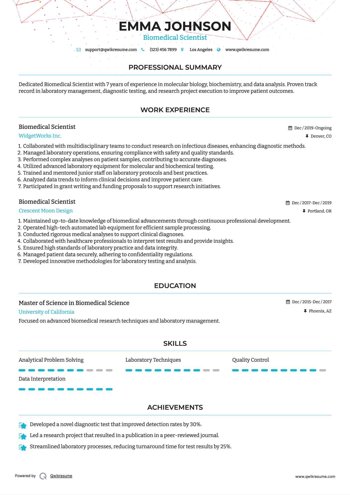 Biomedical Scientist Resume Sample